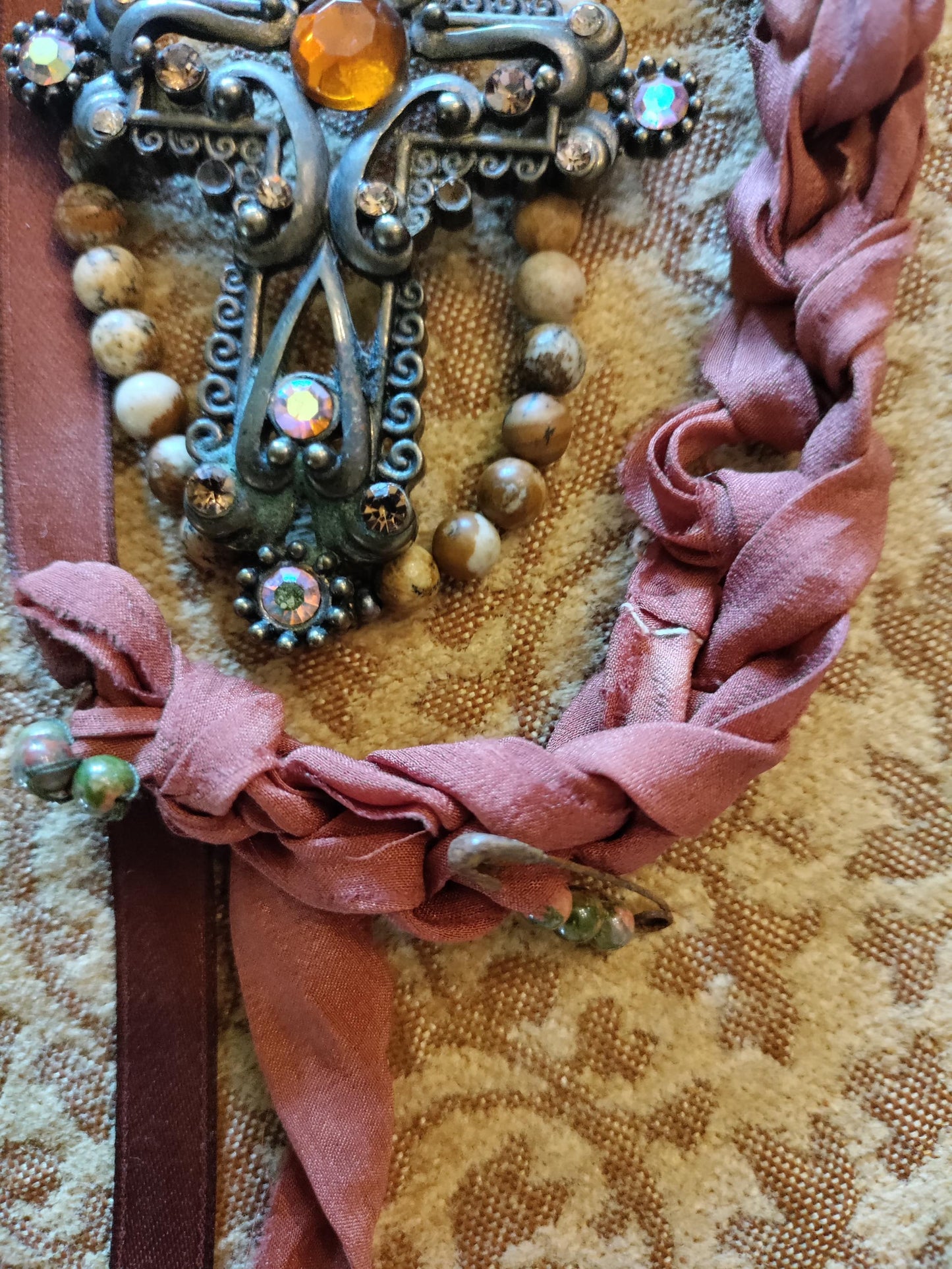 Cross My Heart ~ Rustic Bohemian Assemblage Necklace with Ornate Cross Pendant and Braided Silk