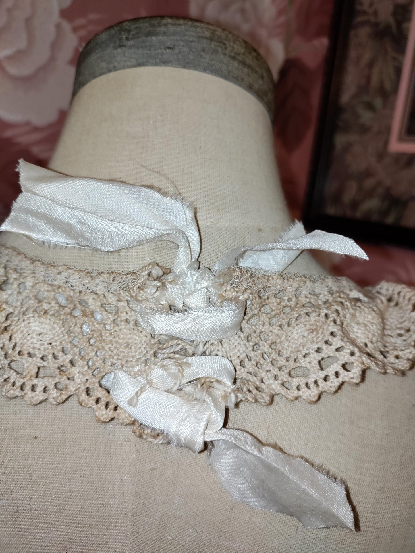 Victorian Tea Stained Crochet Collar Necklace: Hand Beaded Lace, Antique Buttons & Tulle Rose