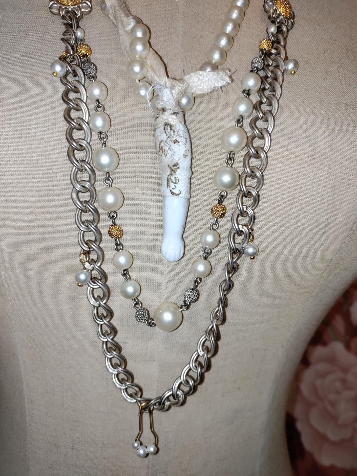 Helping Hand Necklace ~ Antique Porcelain Doll Arm Pendant, Multi-Strand Pearl and Chain Assemblage Jewelry