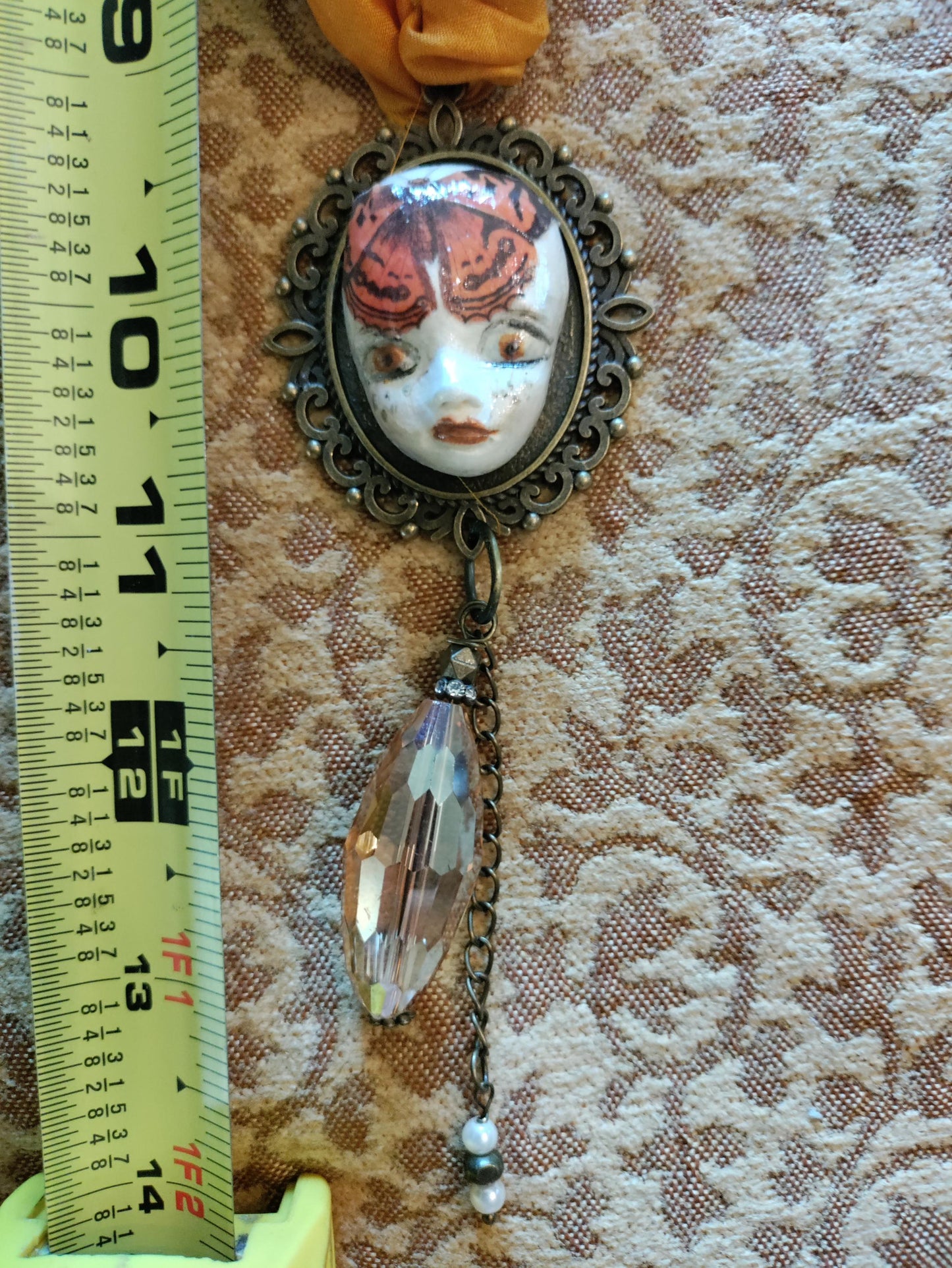 Hand Painted Clay Pixie Bliss Face Pendant NecklaceMonarch Butterfly, Sari Silk & Bronze
