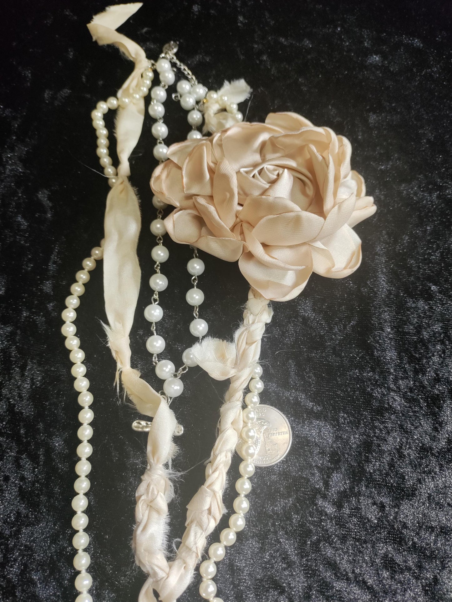 Victorian Frozen Charlotte Doll Necklace: vintage Pearls, Coffin pendant with Roses and the word Love.