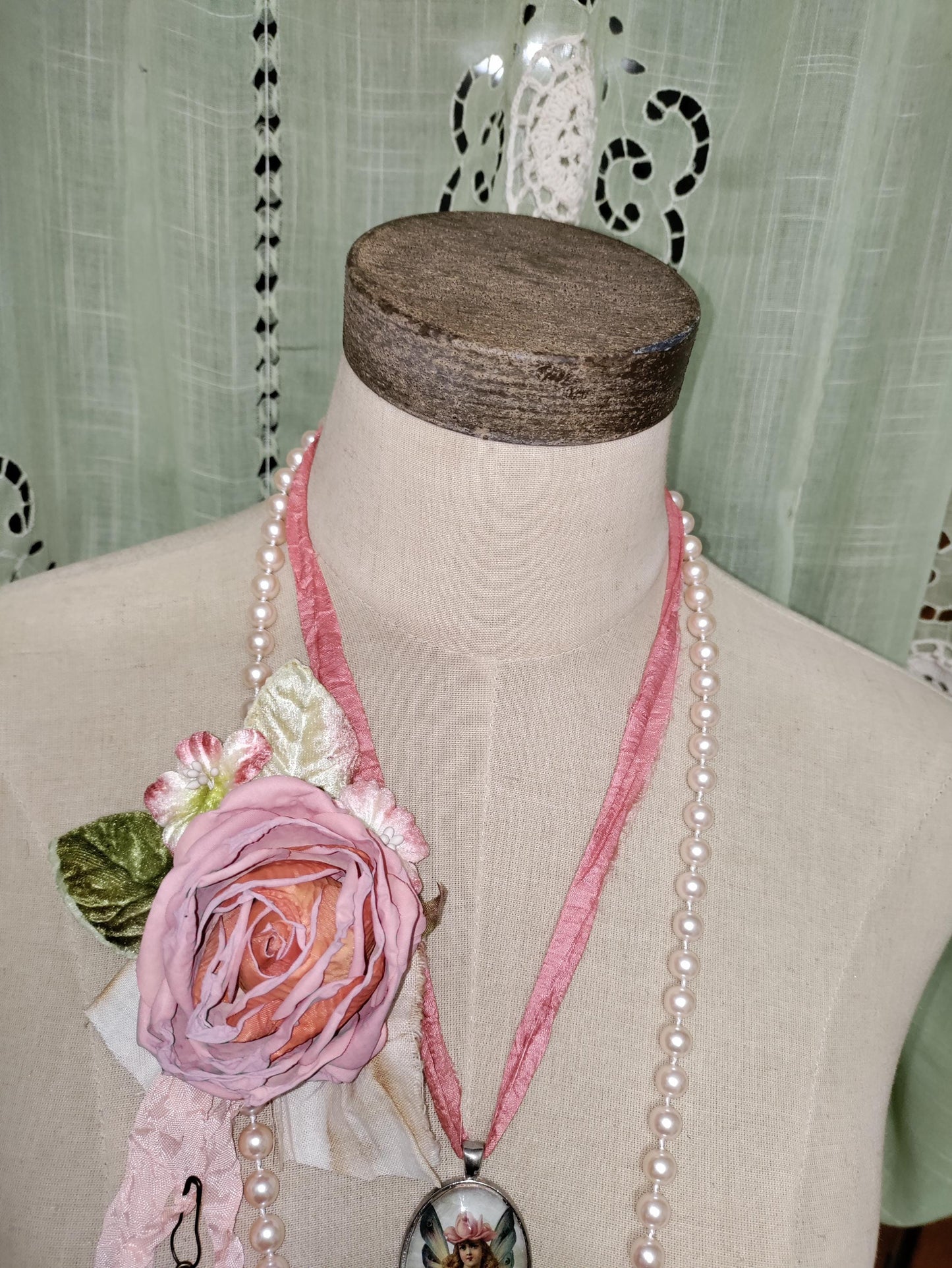 Handcrafted Fairy Pendant, with light peach Vintage Pearls and a Handcrafted Floral Brooch.