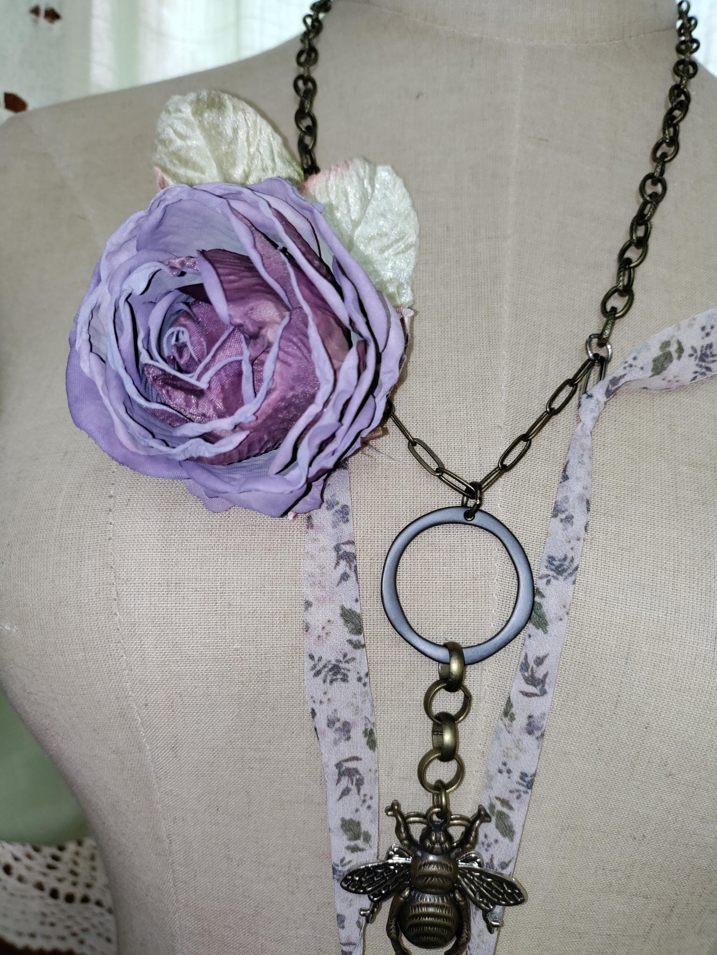 Queen Bee Necklace with Removable rose flower brooch.