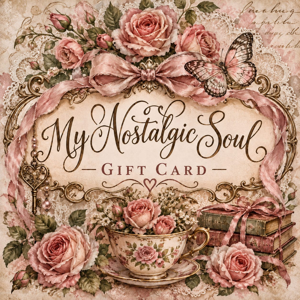 My Nostalgic Soul Gift Card cover, Victorian illustration with pink roses, a ribbon bow, butterfly, antique key, teacup of roses, and a stack of ribbon-tied books
