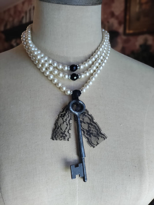 The Widow's Key — Skeleton Key & Pearl Assemblage Necklace