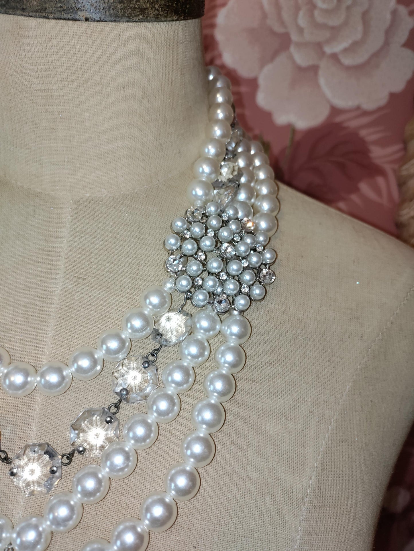 Multi Strand Vintage Bridal Necklace with Chandelier Crystals and Heart Pendant-Wedding Pearls