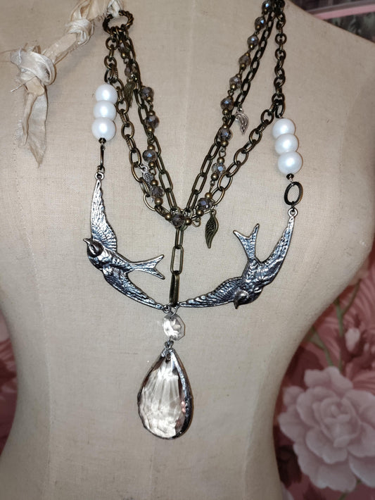 Messengers ~ Swallow Bird Necklace with Crystal Drop, Multi-Layer Bohemian Chain