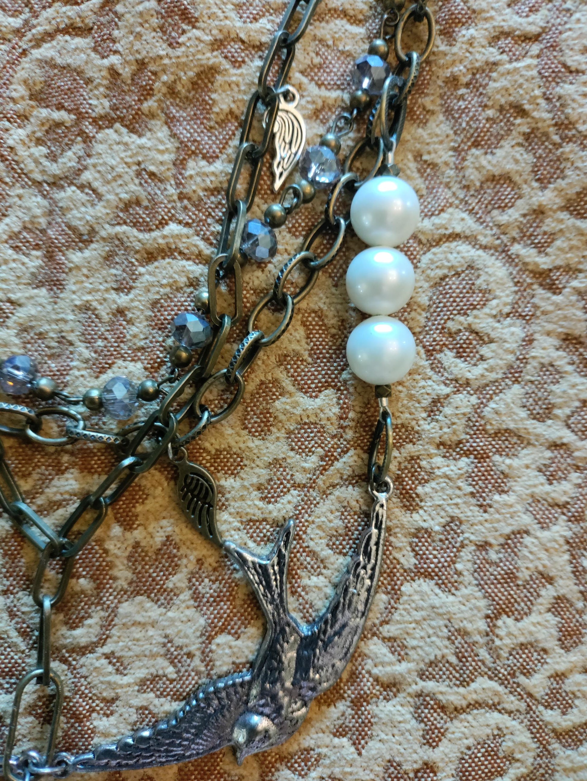 Messengers ~ Swallow Bird Necklace with Crystal Drop, Multi-Layer Bohemian Chain