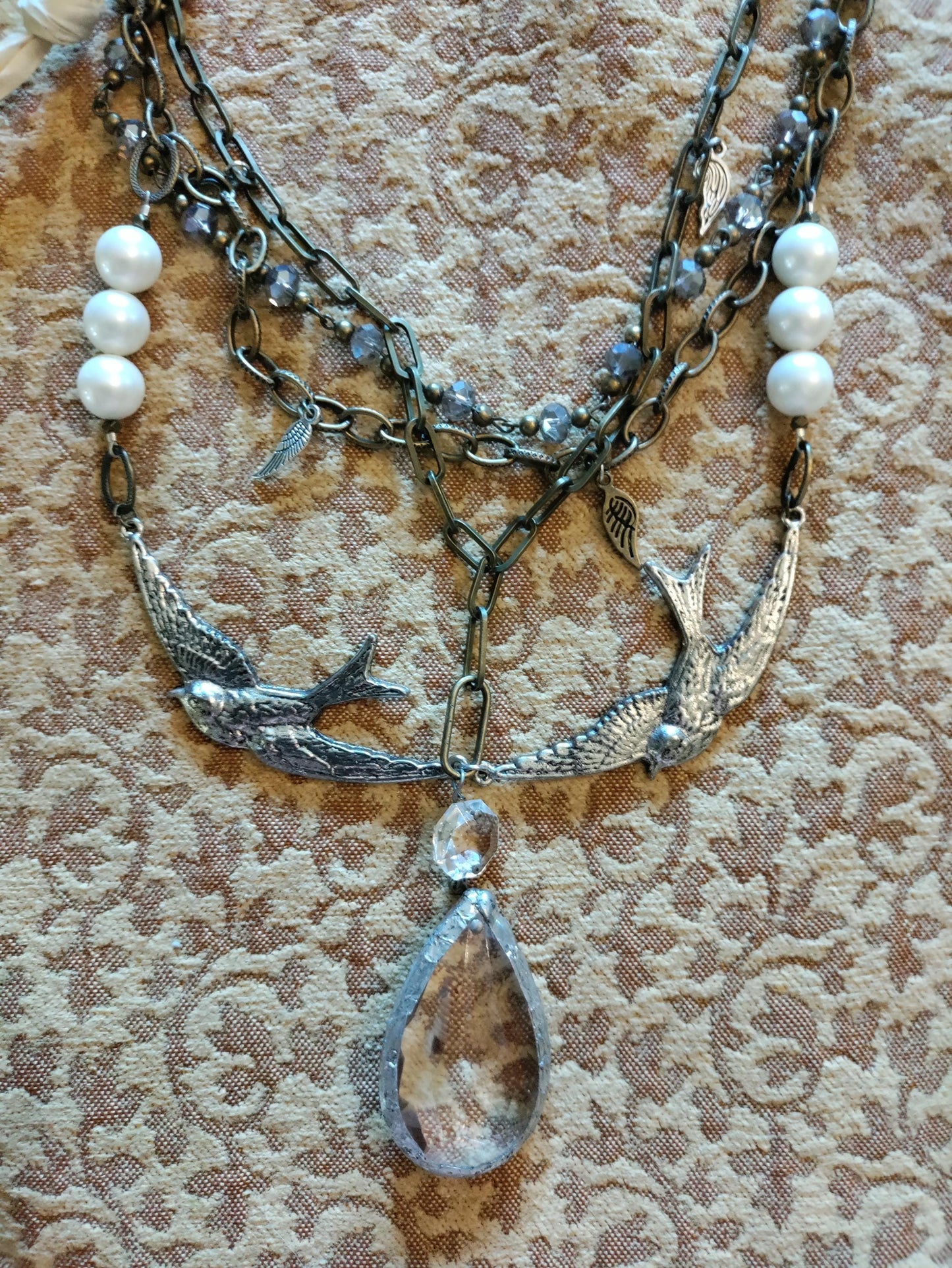 Messengers ~ Swallow Bird Necklace with Crystal Drop, Multi-Layer Bohemian Chain