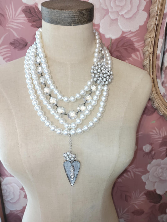 Multi Strand Vintage Bridal Necklace with Chandelier Crystals and Heart Pendant-Wedding Pearls
