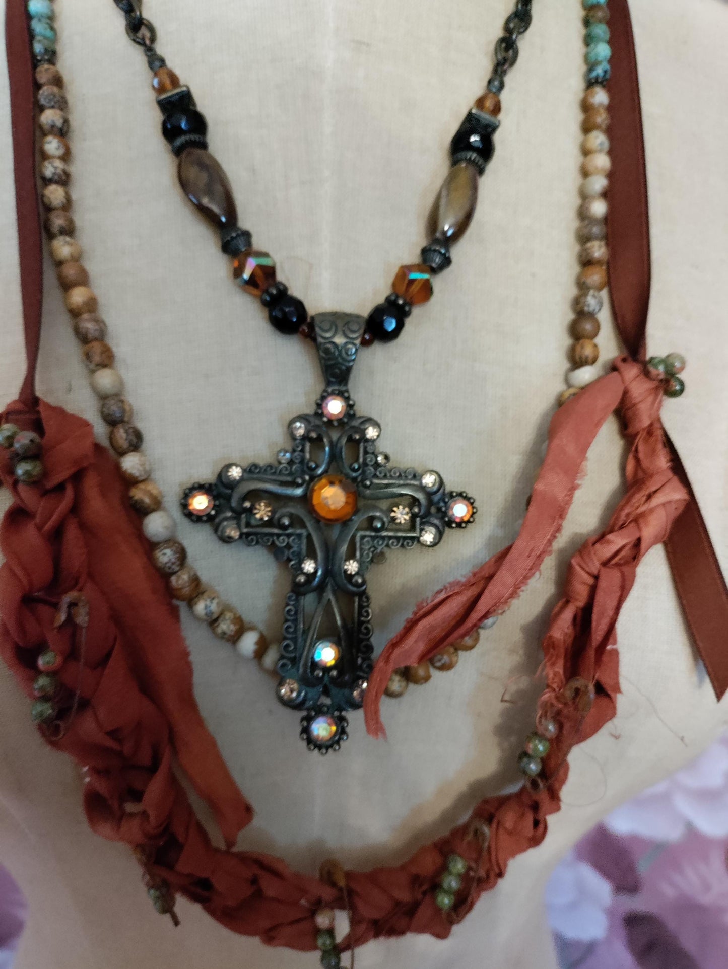 Cross My Heart ~ Rustic Bohemian Assemblage Necklace with Ornate Cross Pendant and Braided Silk