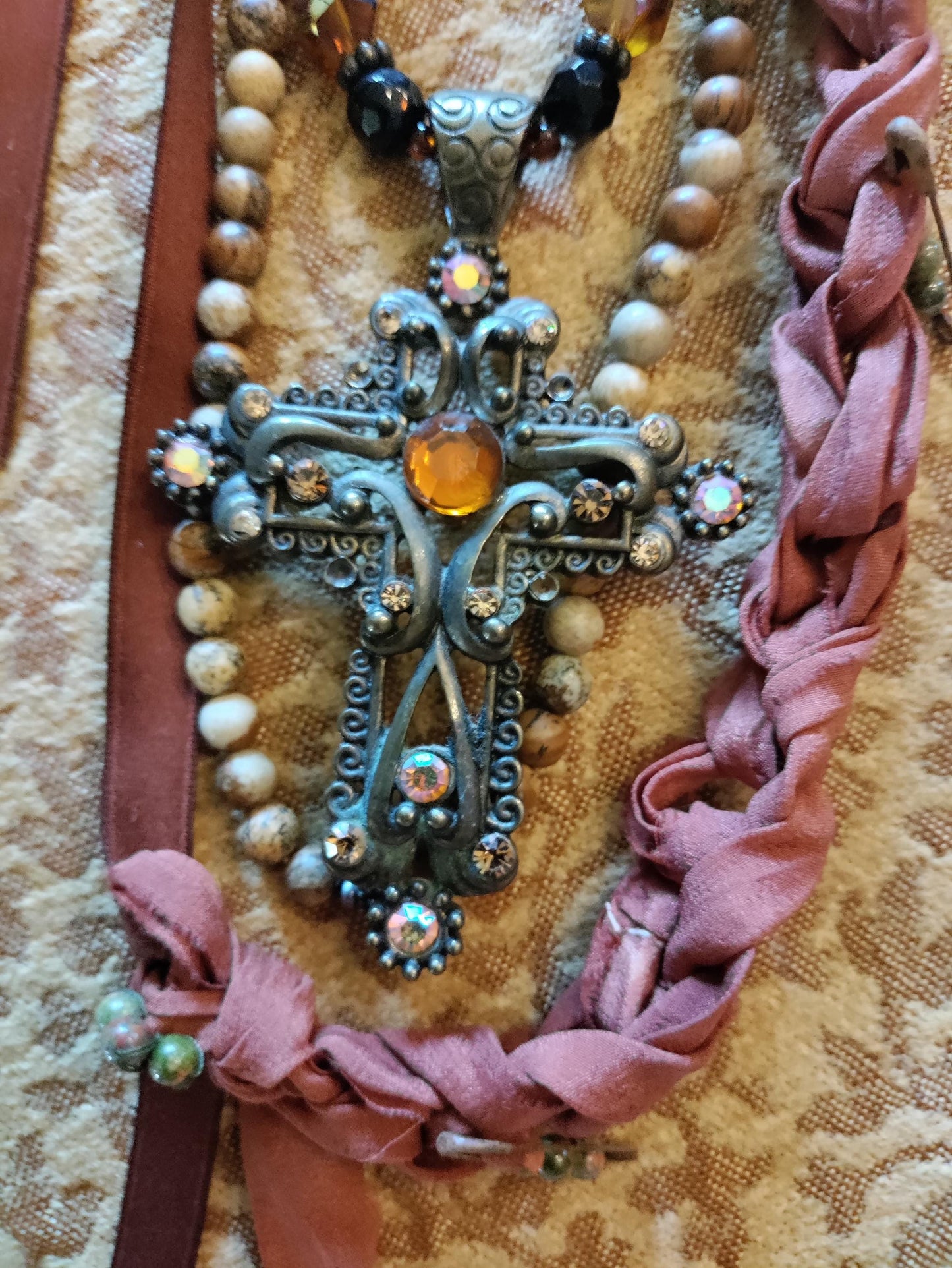Cross My Heart ~ Rustic Bohemian Assemblage Necklace with Ornate Cross Pendant and Braided Silk