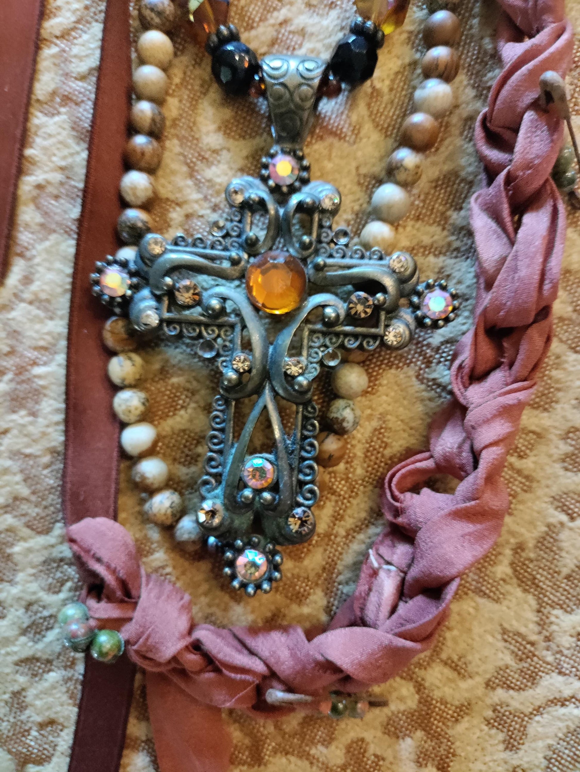 Cross My Heart ~ Rustic Bohemian Assemblage Necklace with Ornate Cross Pendant and Braided Silk