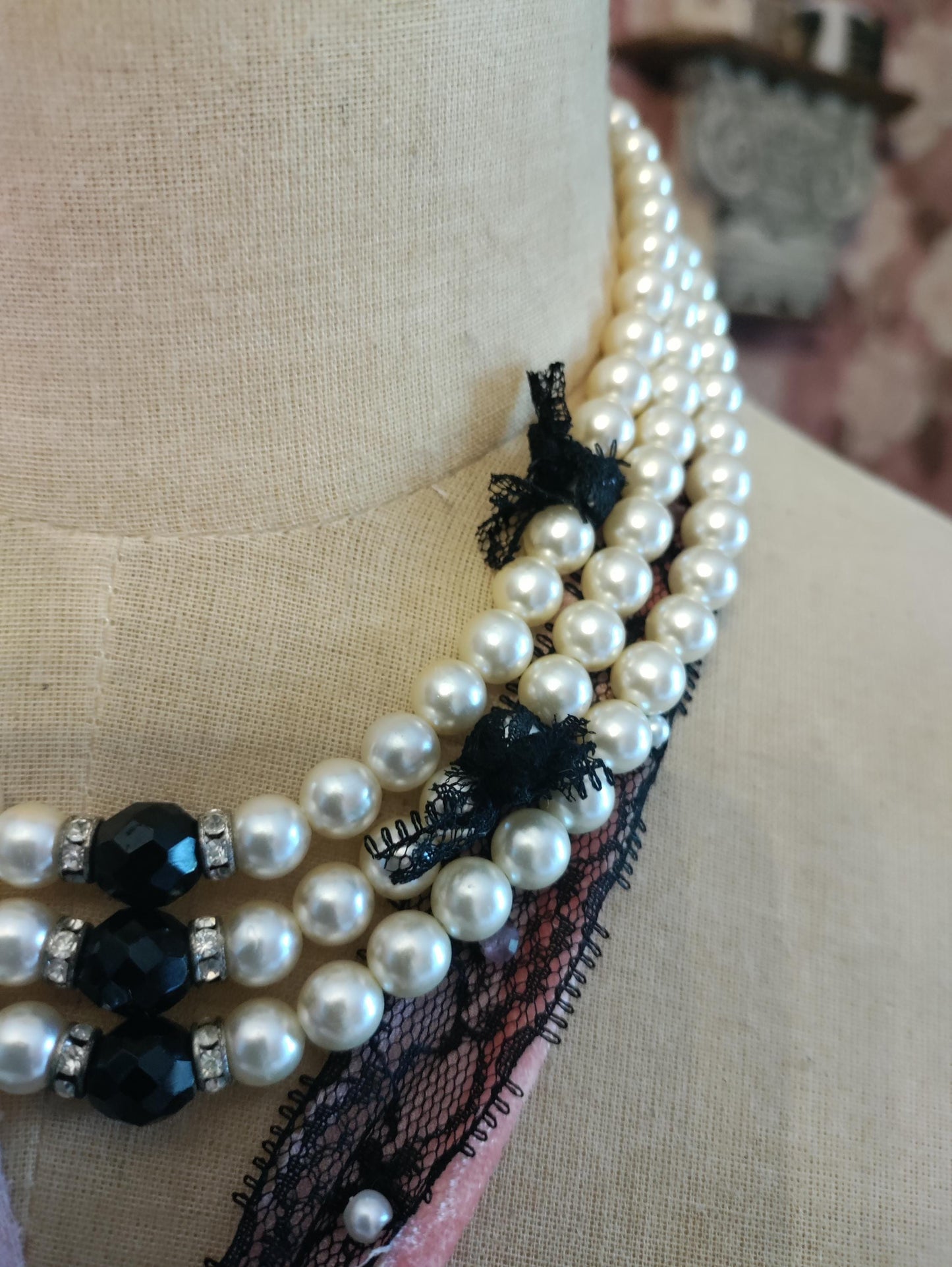 Victorian Lace Pearl Necklace: Pink Velvet Ribbon, Black Lace Pendant