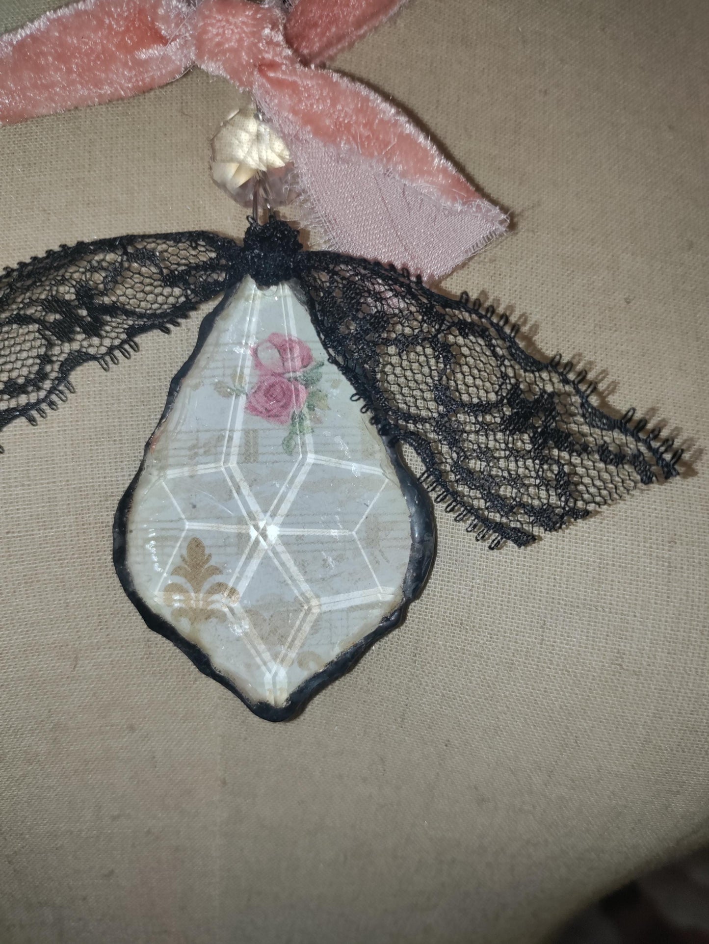 Victorian Lace Pearl Necklace: Pink Velvet Ribbon, Black Lace Pendant