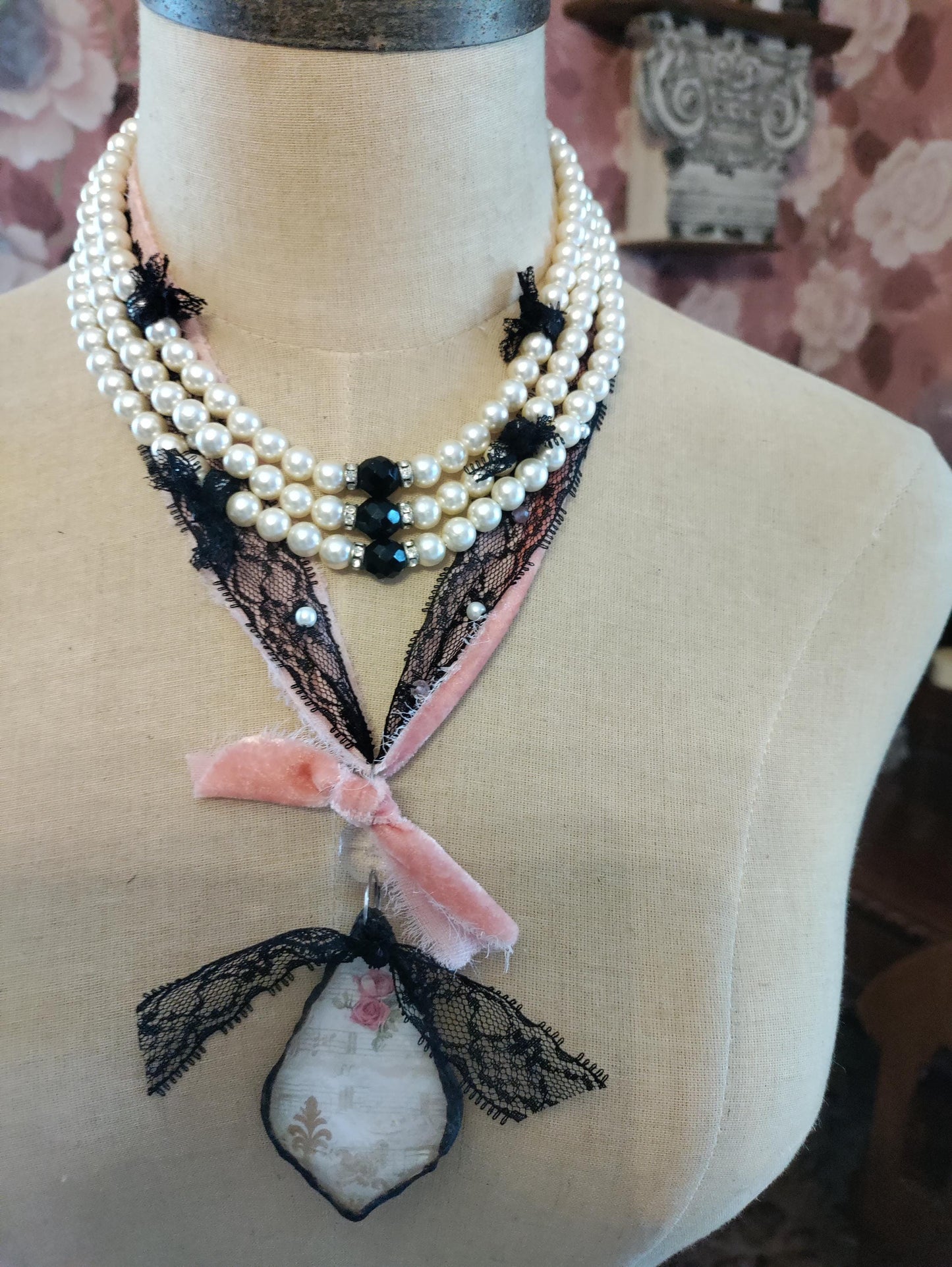 Victorian Lace Pearl Necklace: Pink Velvet Ribbon, Black Lace Pendant