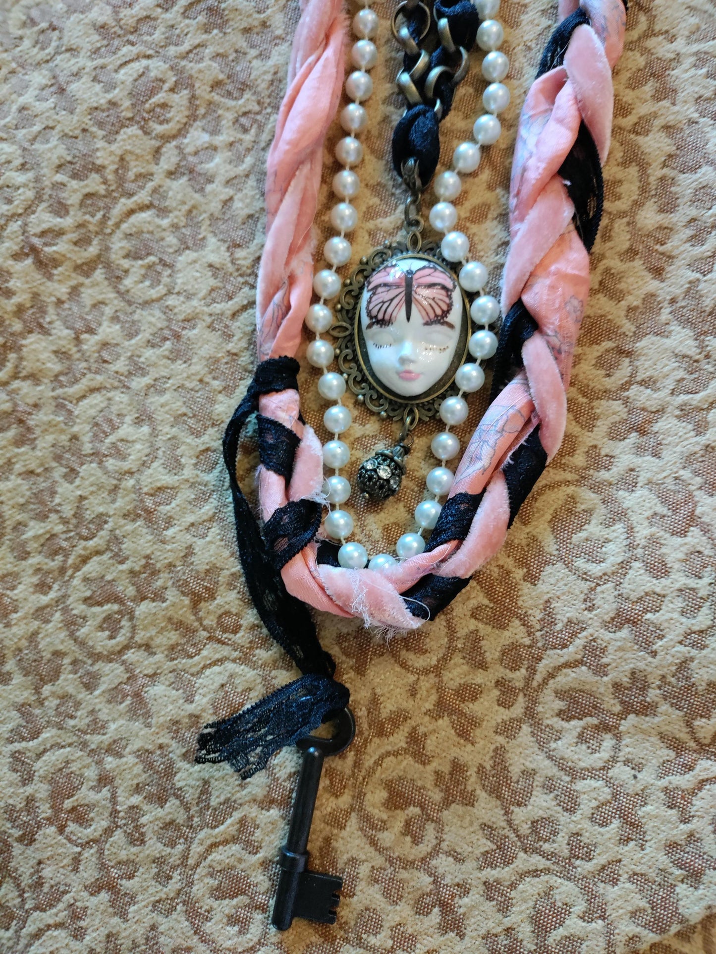 Handcrafted Fairy Face Pixie Dust Necklace: Painted Clay Pendant, Sari Silk and Vintage Butterfly