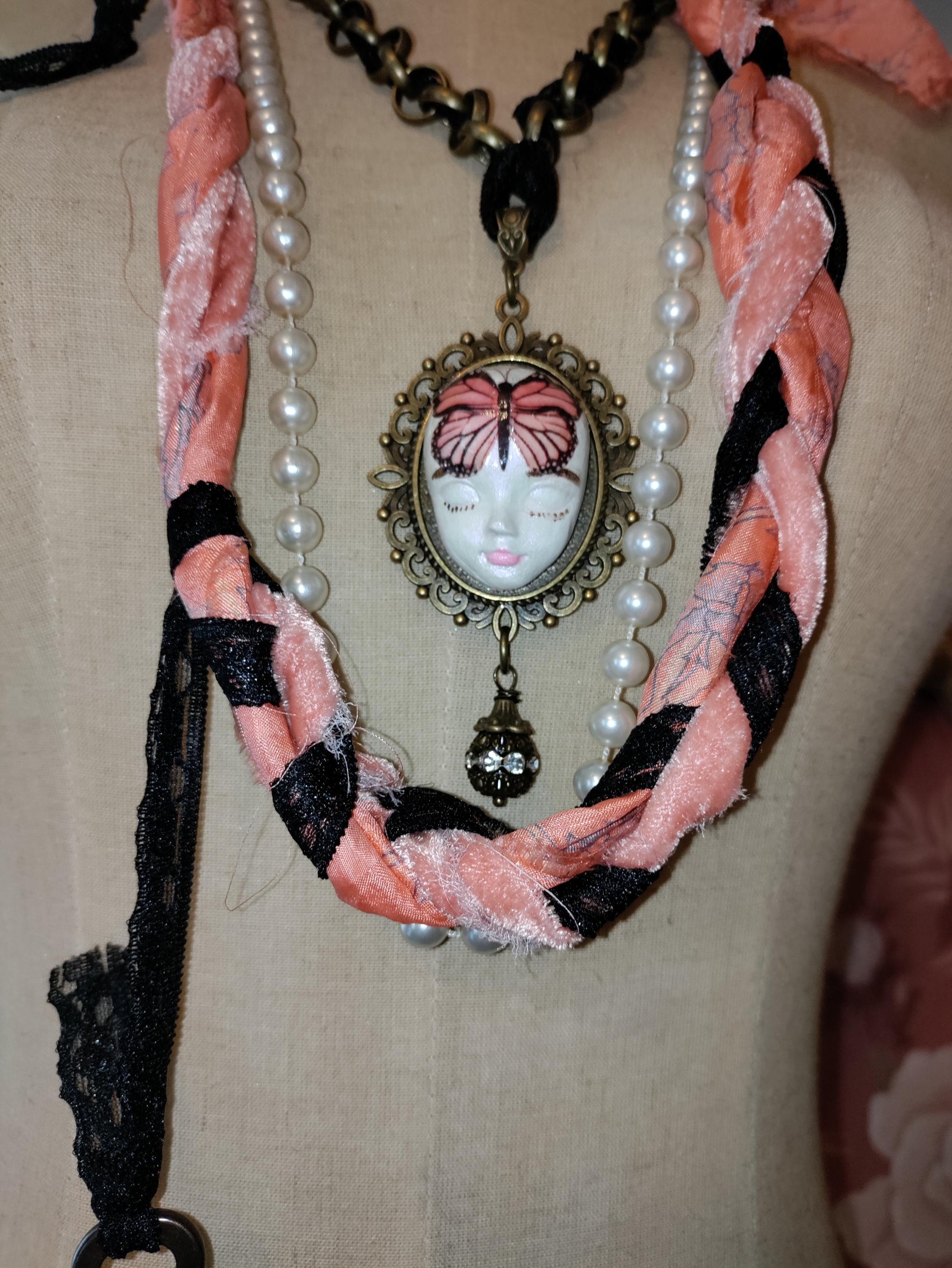 Handcrafted Fairy Face Pixie Dust Necklace: Painted Clay Pendant, Sari Silk and Vintage Butterfly