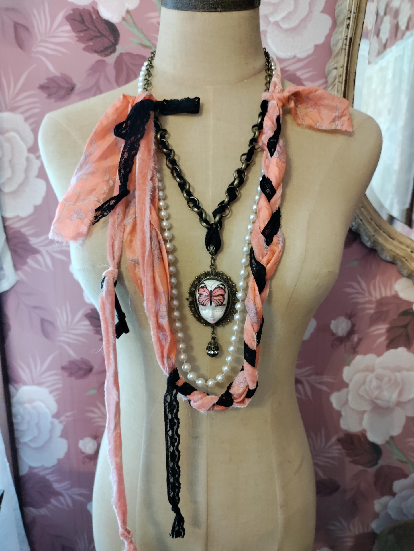 Handcrafted Fairy Face Pixie Dust Necklace: Painted Clay Pendant, Sari Silk and Vintage Butterfly