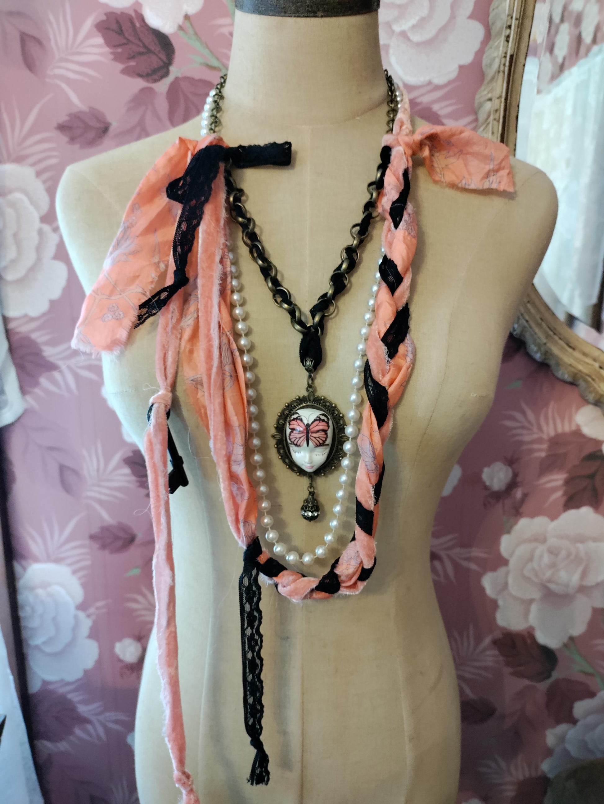 Handcrafted Fairy Face Pixie Dust Necklace: Painted Clay Pendant, Sari Silk and Vintage Butterfly