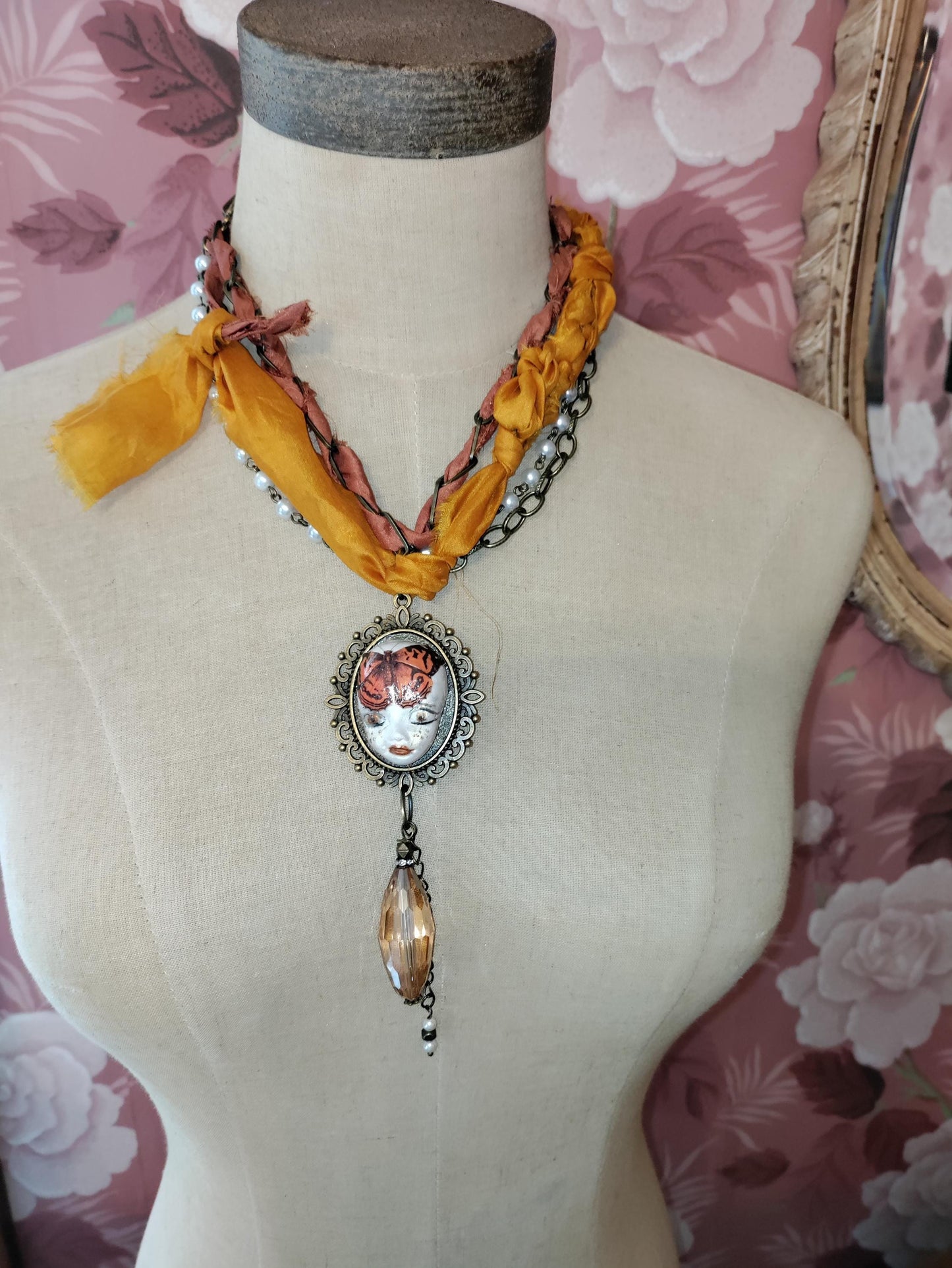 Hand Painted Clay Pixie Bliss Face Pendant NecklaceMonarch Butterfly, Sari Silk & Bronze