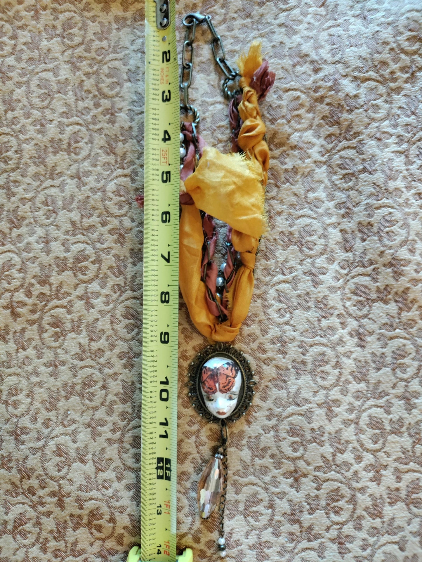 Hand Painted Clay Pixie Bliss Face Pendant NecklaceMonarch Butterfly, Sari Silk & Bronze