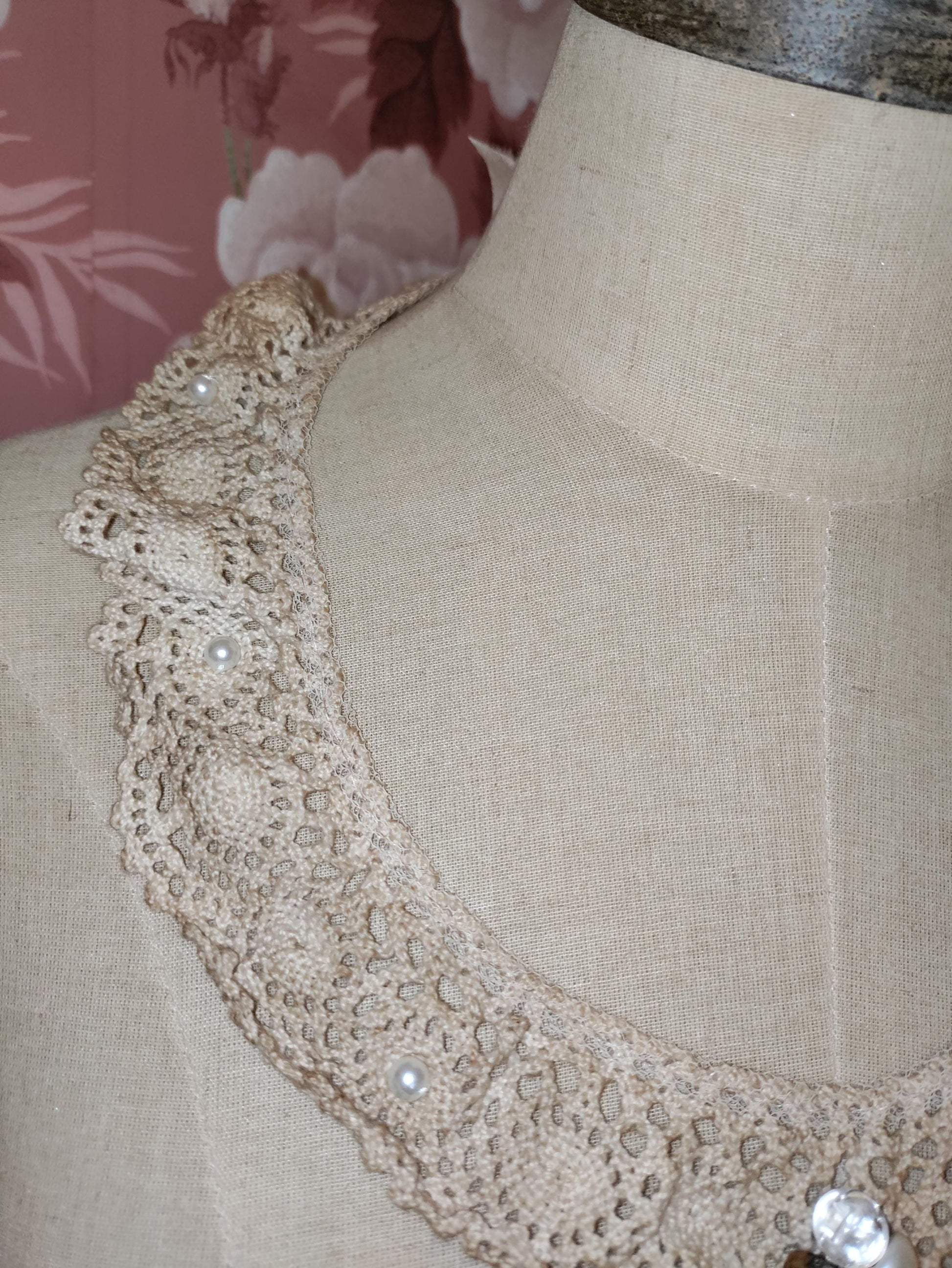 Victorian Tea Stained Crochet Collar Necklace: Hand Beaded Lace, Antique Buttons & Tulle Rose