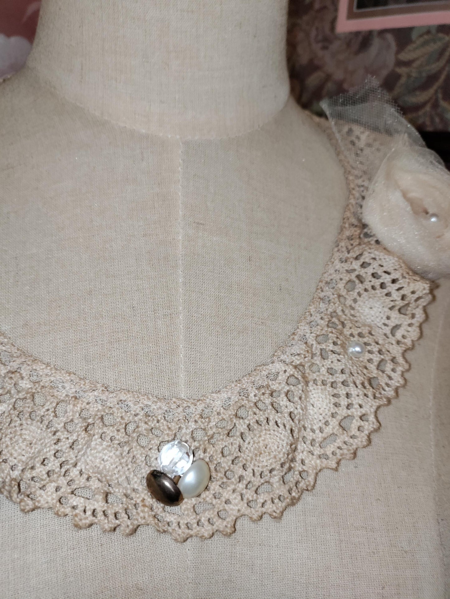 Victorian Tea Stained Crochet Collar Necklace: Hand Beaded Lace, Antique Buttons & Tulle Rose