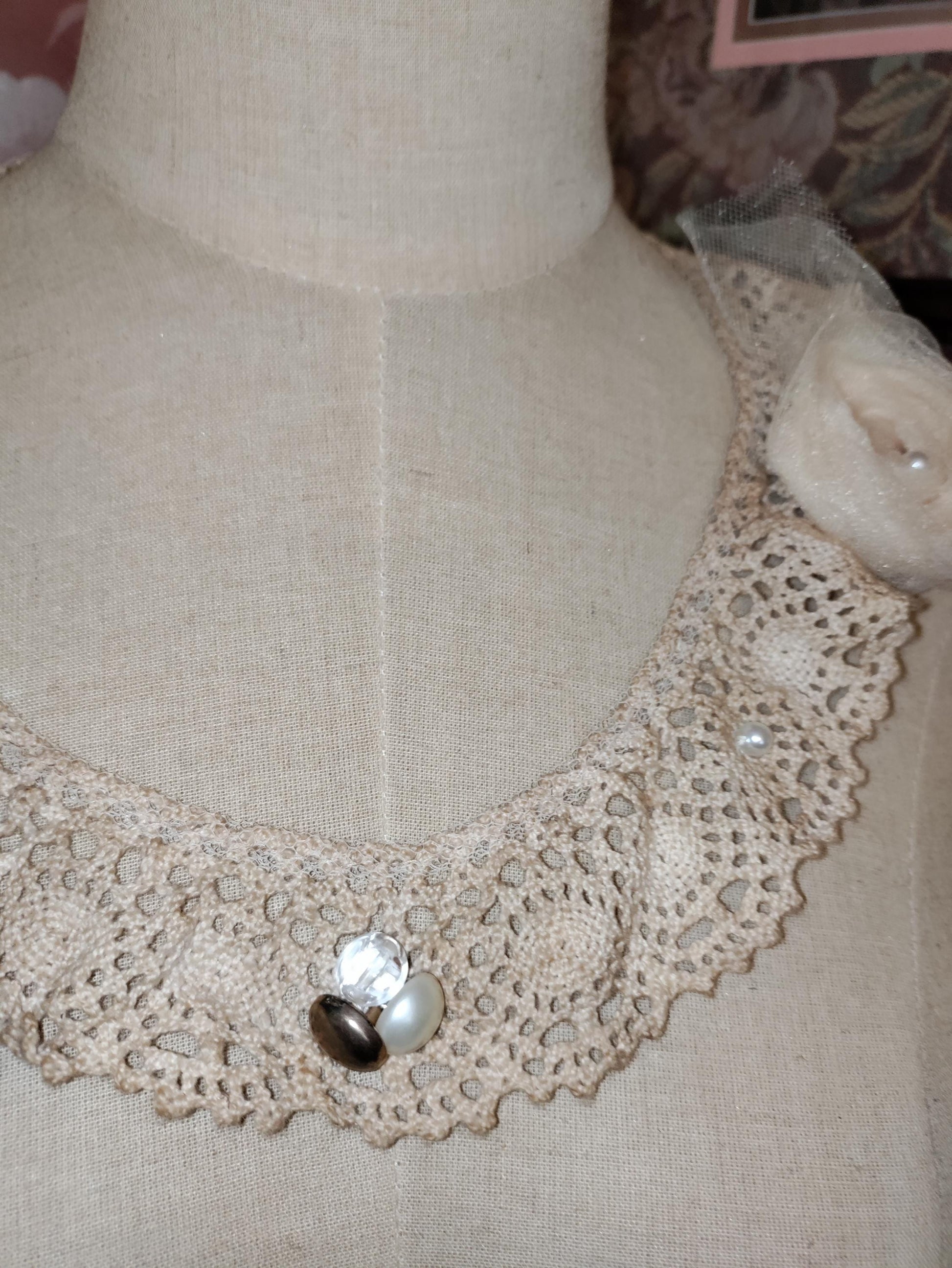 Victorian Tea Stained Crochet Collar Necklace: Hand Beaded Lace, Antique Buttons & Tulle Rose