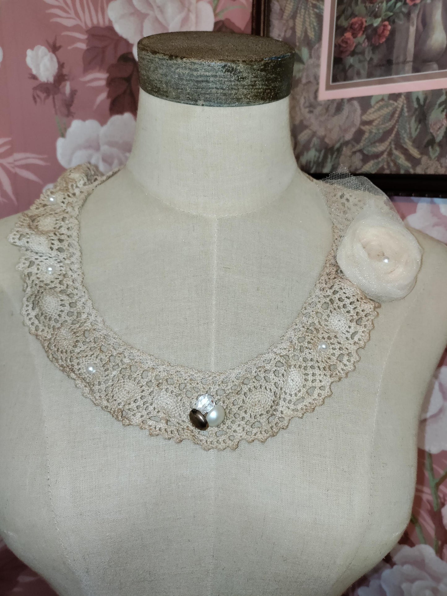 Victorian Tea Stained Crochet Collar Necklace: Hand Beaded Lace, Antique Buttons & Tulle Rose