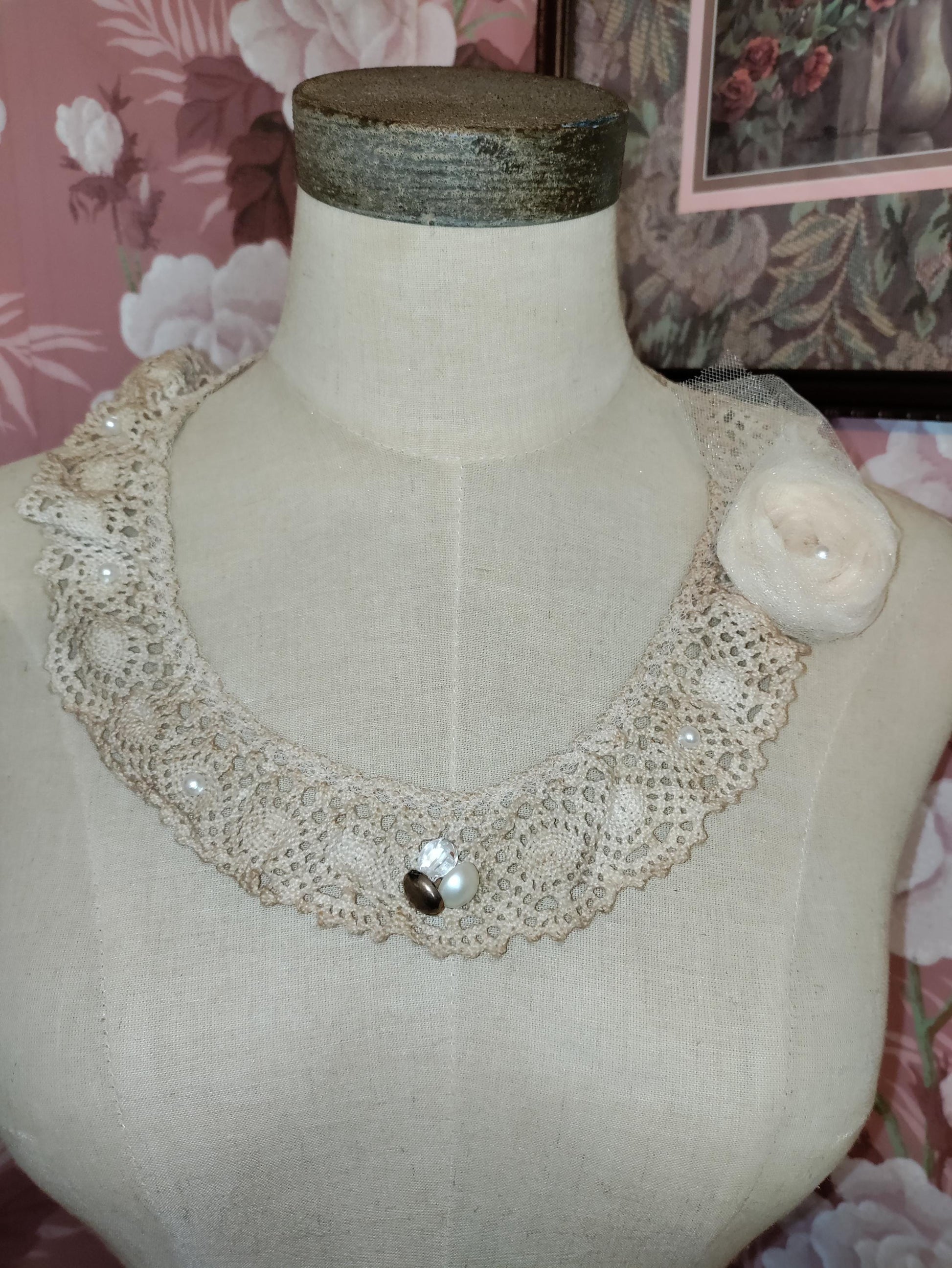 Victorian Tea Stained Crochet Collar Necklace: Hand Beaded Lace, Antique Buttons & Tulle Rose