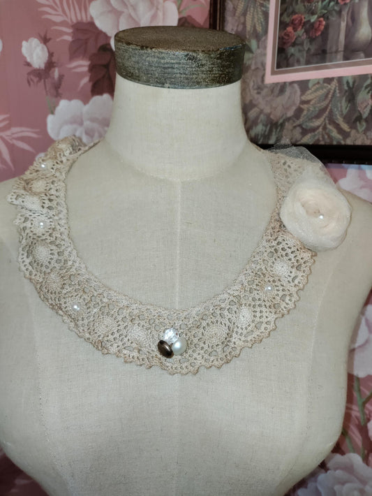 Victorian Tea Stained Crochet Collar Necklace: Hand Beaded Lace, Antique Buttons & Tulle Rose