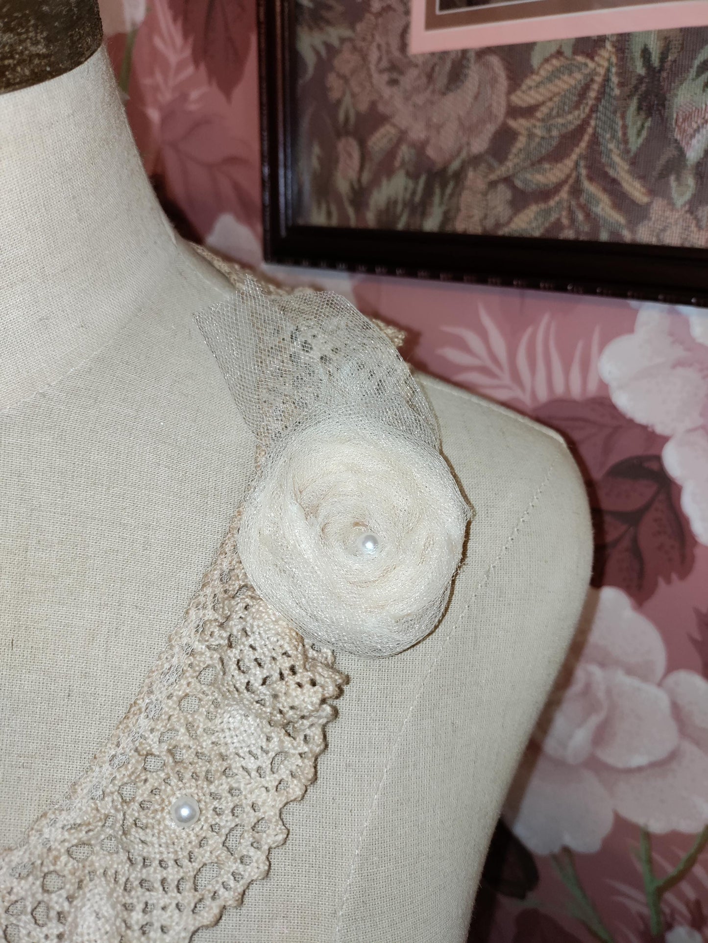 Victorian Tea Stained Crochet Collar Necklace: Hand Beaded Lace, Antique Buttons & Tulle Rose