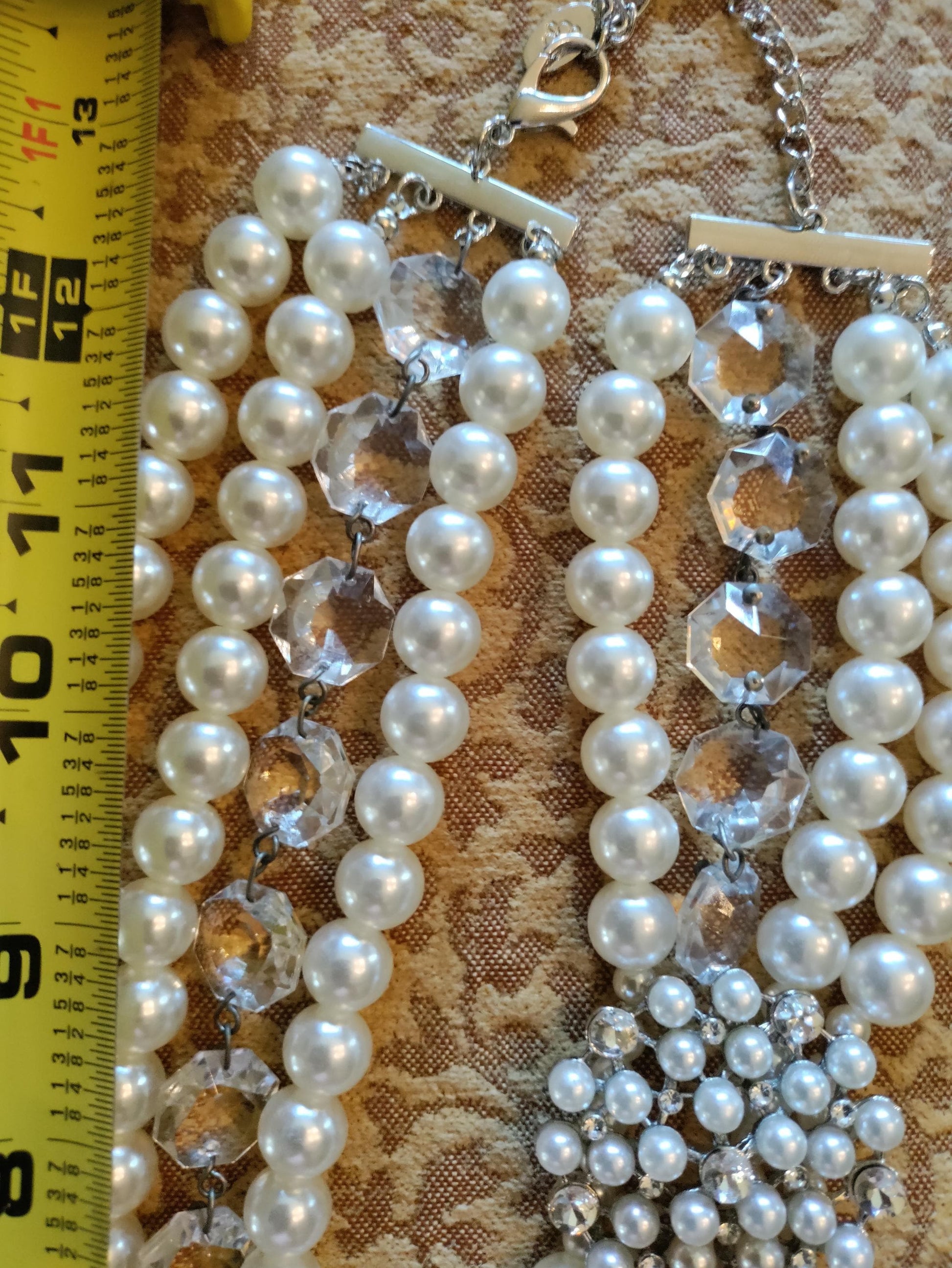 Multi Strand Vintage Bridal Necklace with Chandelier Crystals and Heart Pendant-Wedding Pearls