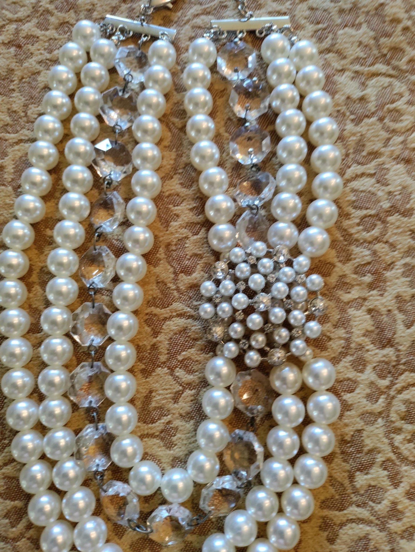 Multi Strand Vintage Bridal Necklace with Chandelier Crystals and Heart Pendant-Wedding Pearls