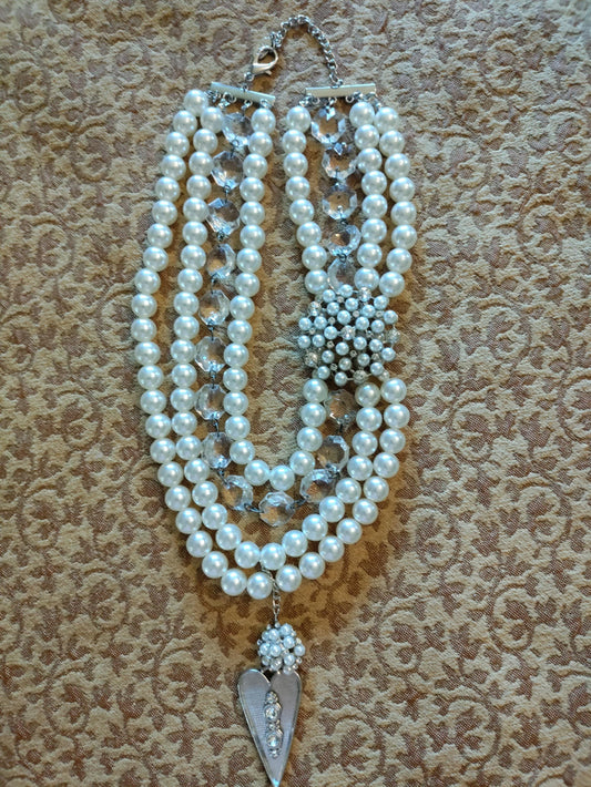 Multi Strand Vintage Bridal Necklace with Chandelier Crystals and Heart Pendant-Wedding Pearls