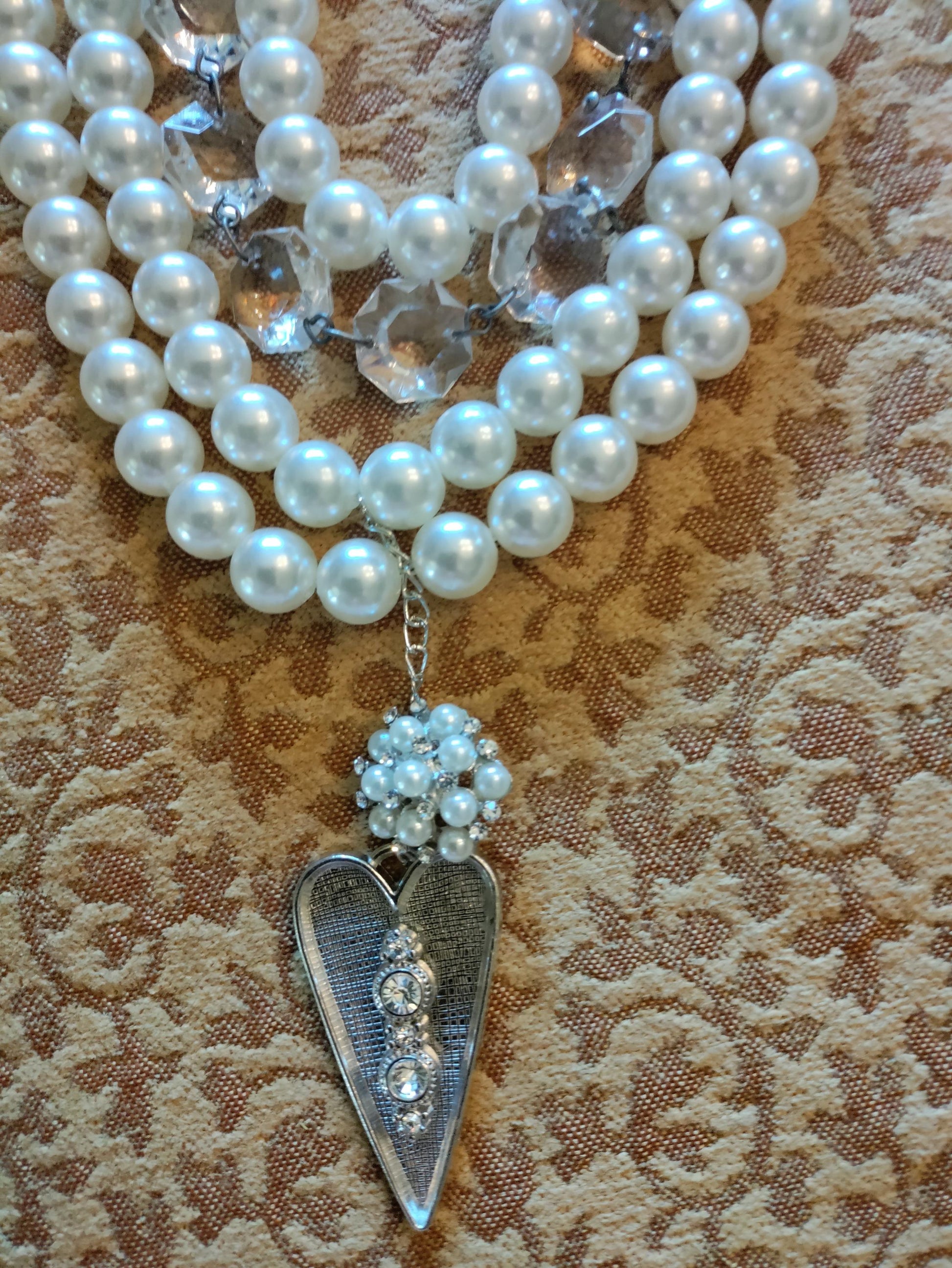 Multi Strand Vintage Bridal Necklace with Chandelier Crystals and Heart Pendant-Wedding Pearls