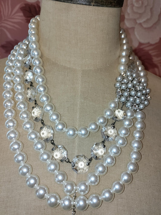 Multi Strand Vintage Bridal Necklace with Chandelier Crystals and Heart Pendant-Wedding Pearls