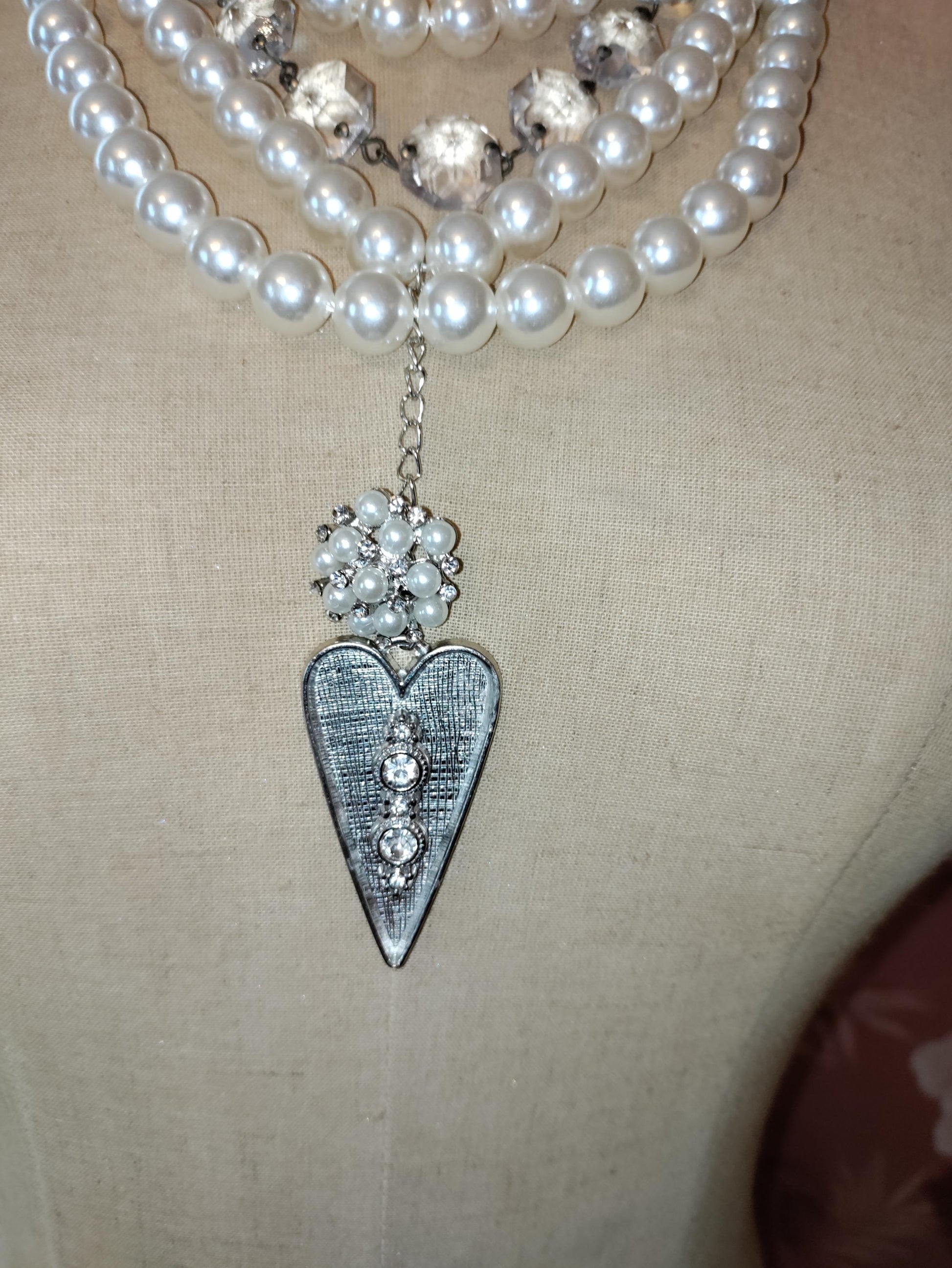 Multi Strand Vintage Bridal Necklace with Chandelier Crystals and Heart Pendant-Wedding Pearls