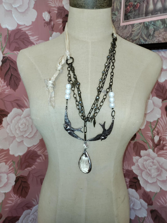 Messengers ~ Swallow Bird Necklace with Crystal Drop, Multi-Layer Bohemian Chain