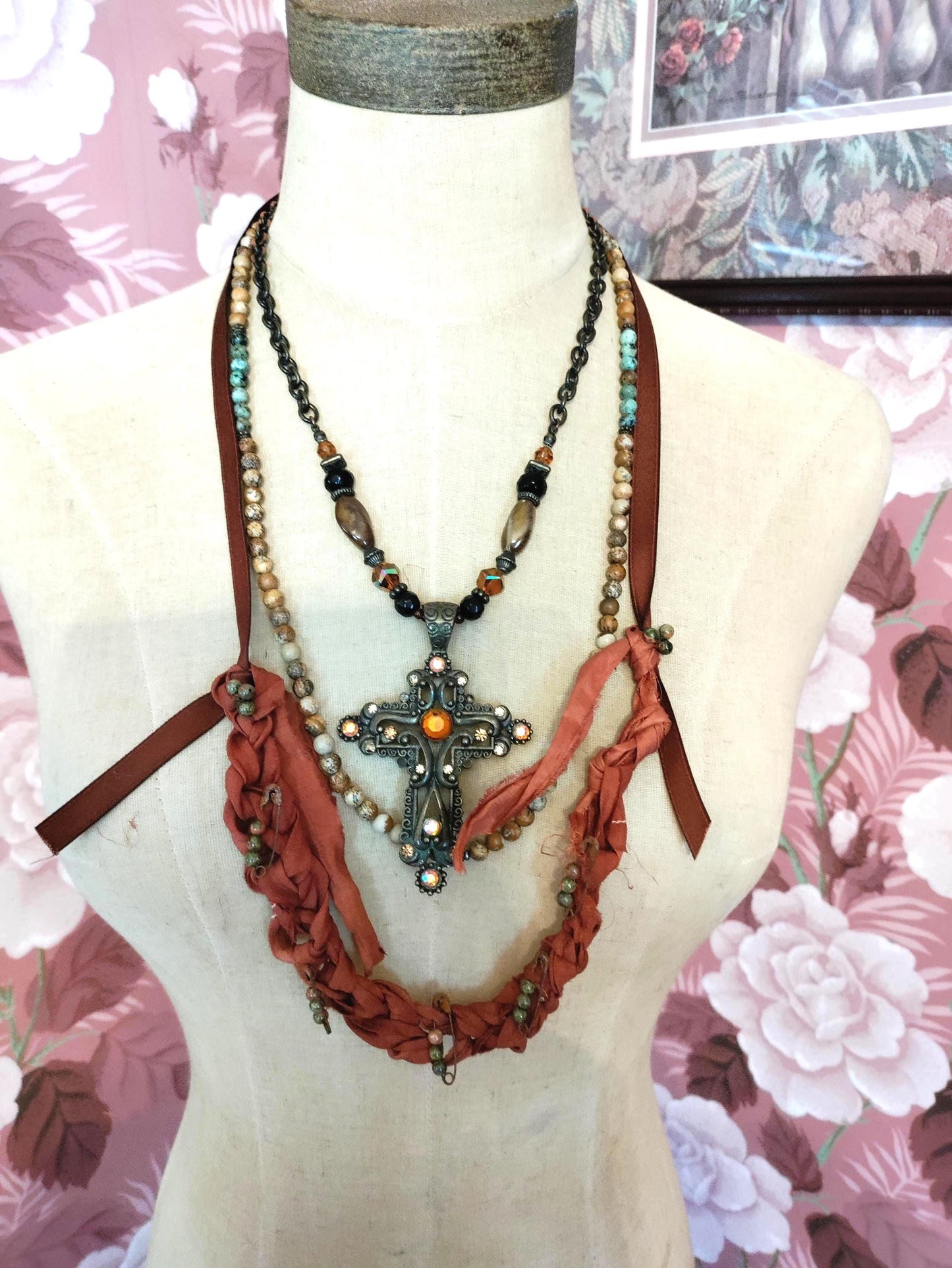 Cross My Heart ~ Rustic Bohemian Assemblage Necklace with Ornate Cross Pendant and Braided Silk