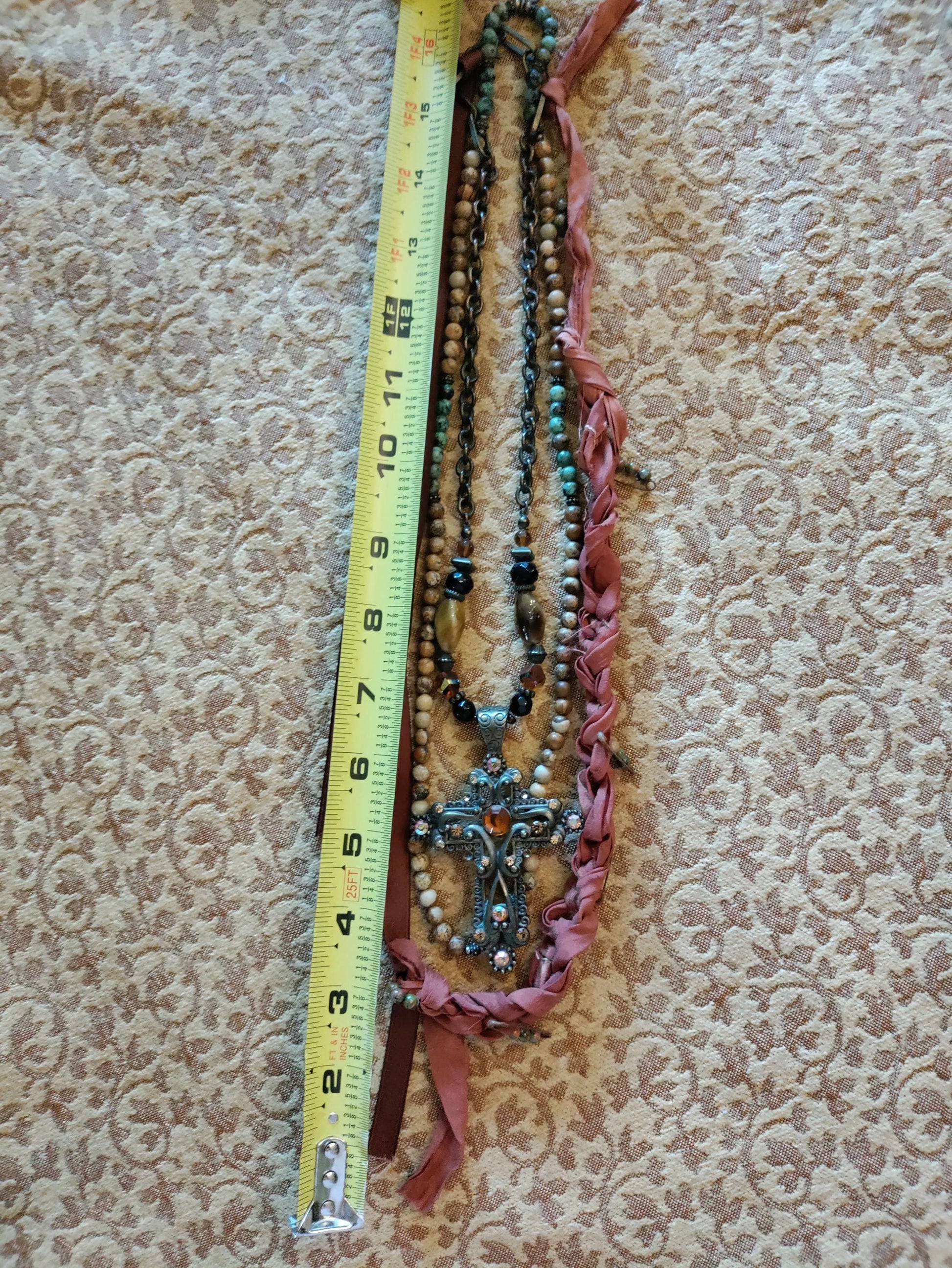 Cross My Heart ~ Rustic Bohemian Assemblage Necklace with Ornate Cross Pendant and Braided Silk