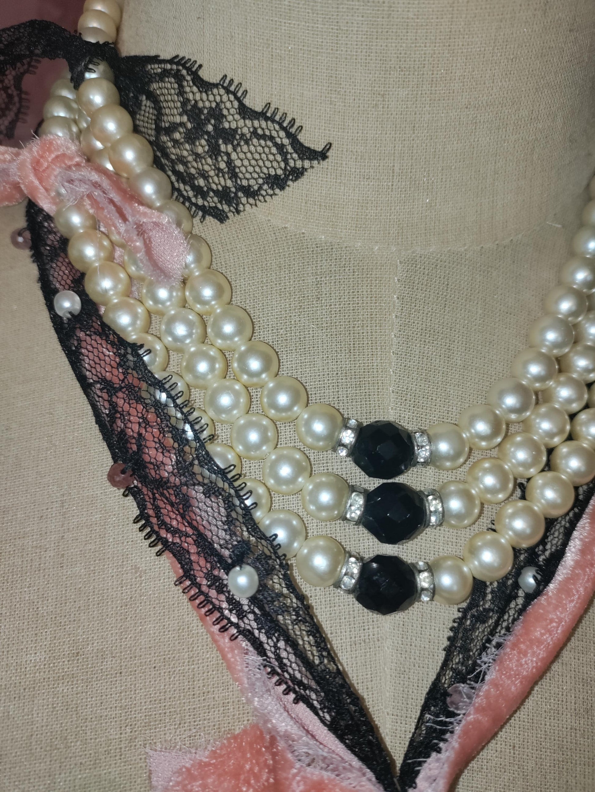 Victorian Lace Pearl Necklace: Pink Velvet Ribbon, Black Lace Pendant