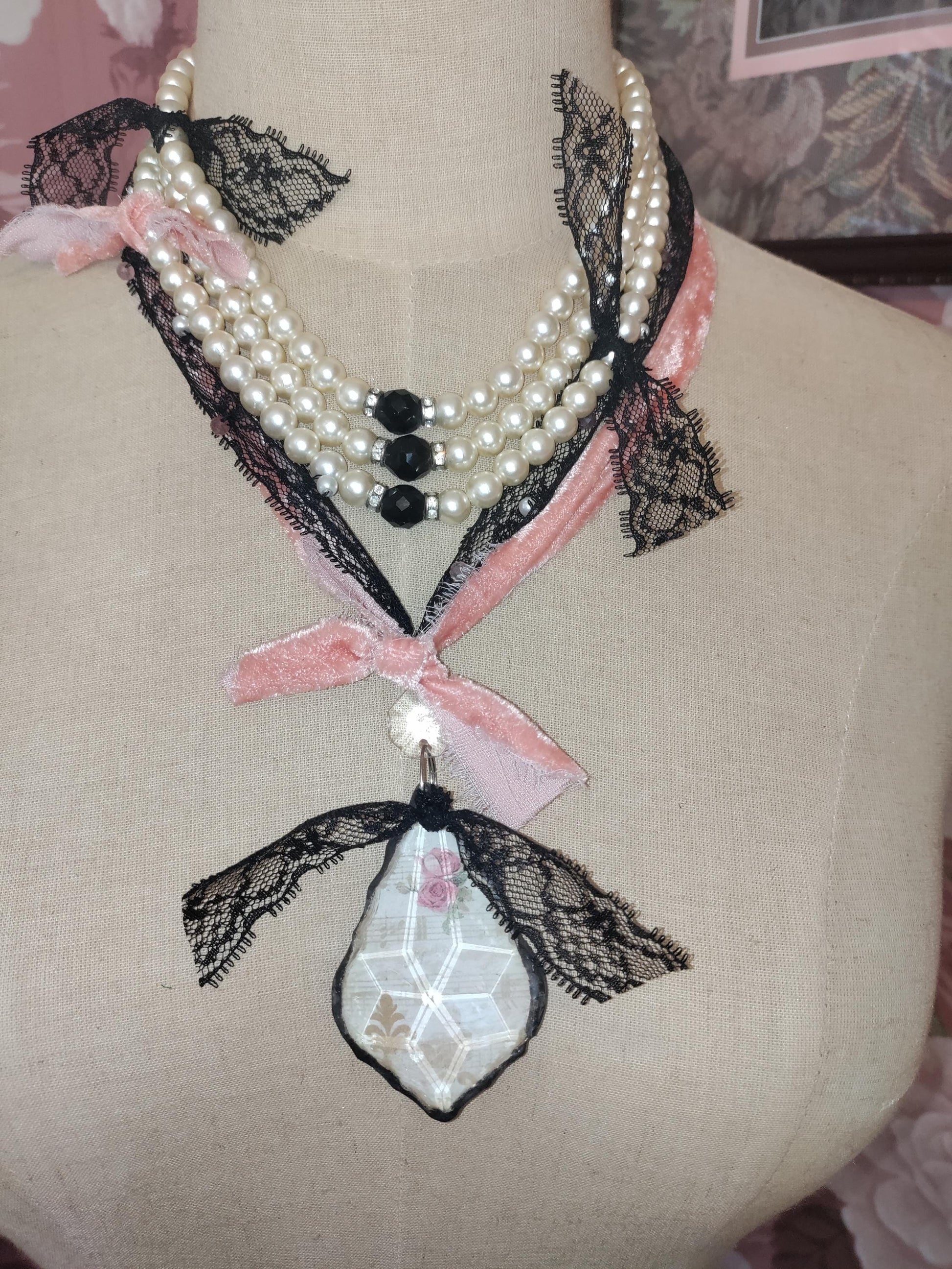 Victorian Lace Pearl Necklace: Pink Velvet Ribbon, Black Lace Pendant