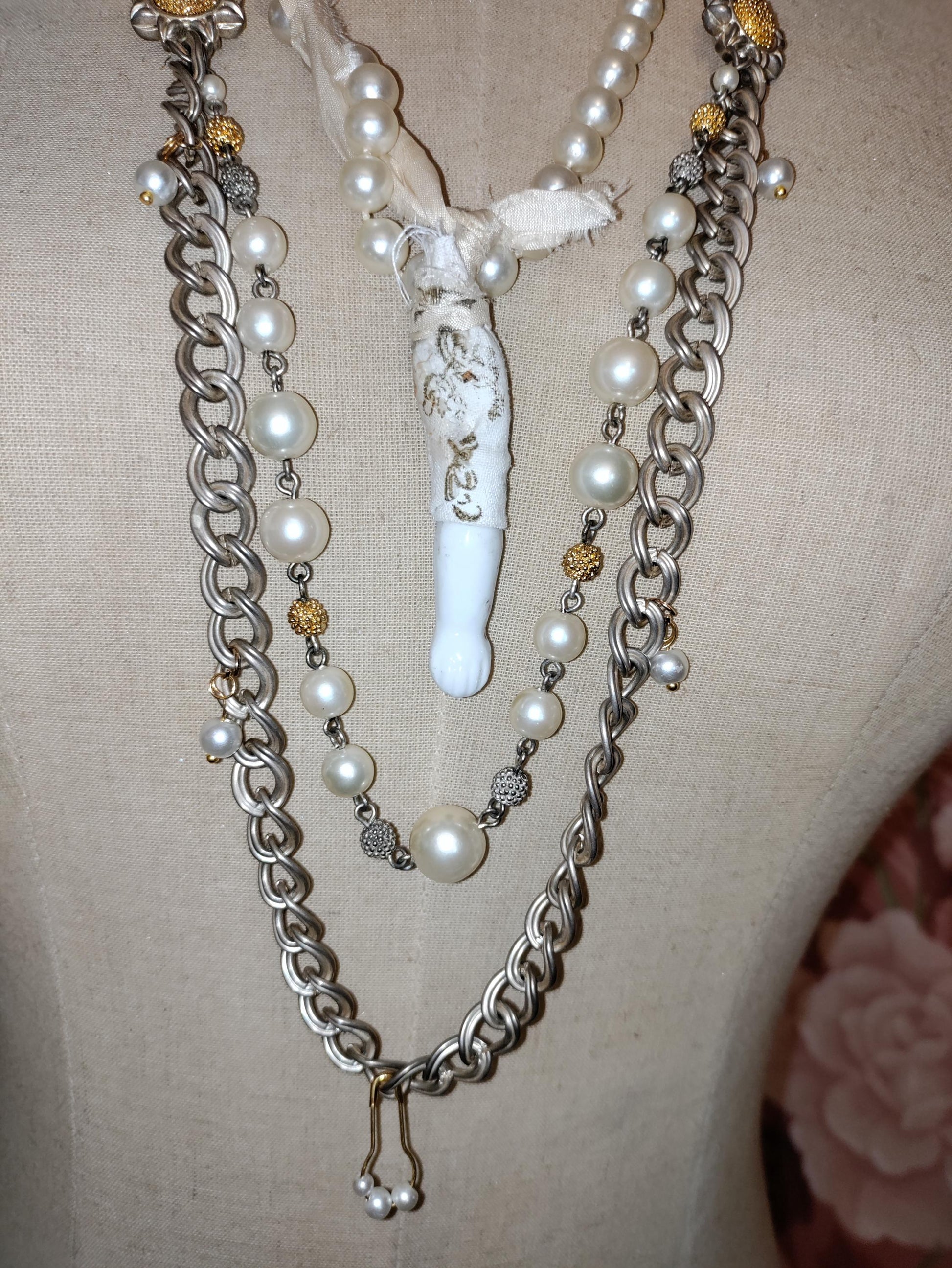 Helping Hand Necklace ~ Antique Porcelain Doll Arm Pendant, Multi-Strand Pearl and Chain Assemblage Jewelry