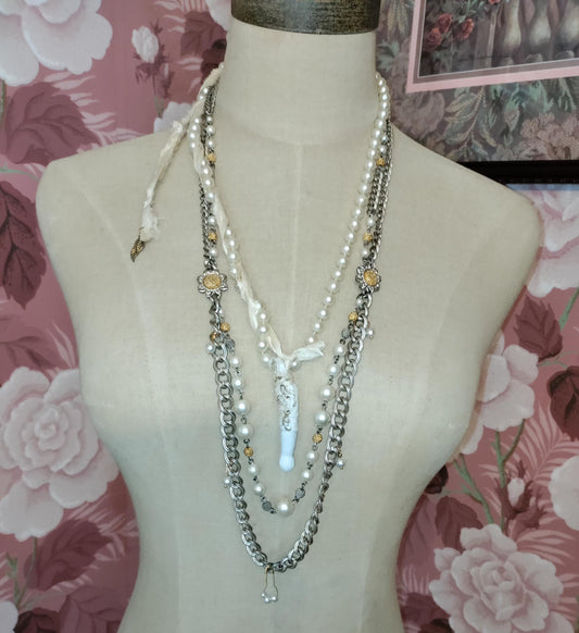 Helping Hand Necklace ~ Antique Porcelain Doll Arm Pendant, Multi-Strand Pearl and Chain Assemblage Jewelry