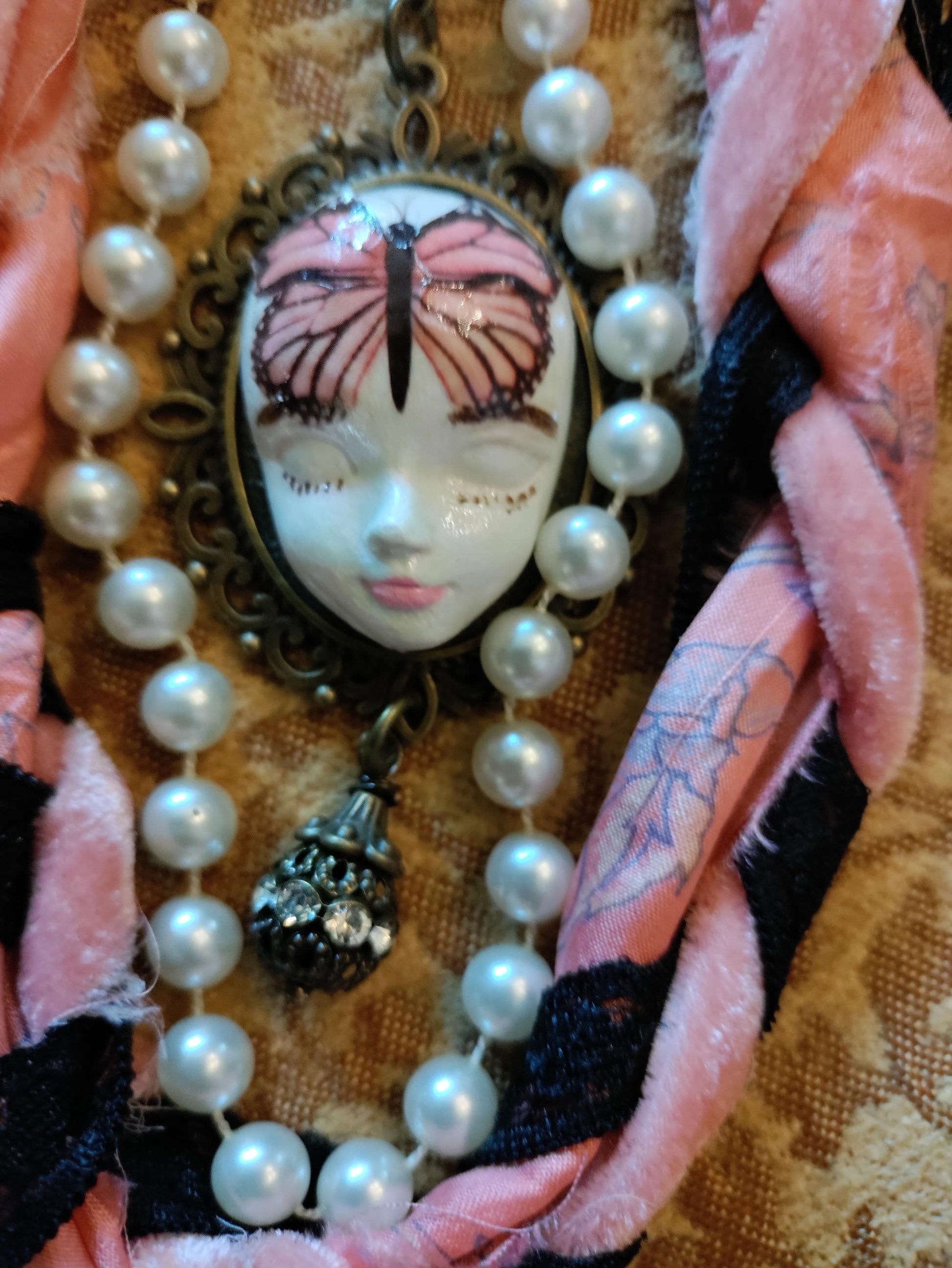Handcrafted Fairy Face Pixie Dust Necklace: Painted Clay Pendant, Sari Silk and Vintage Butterfly