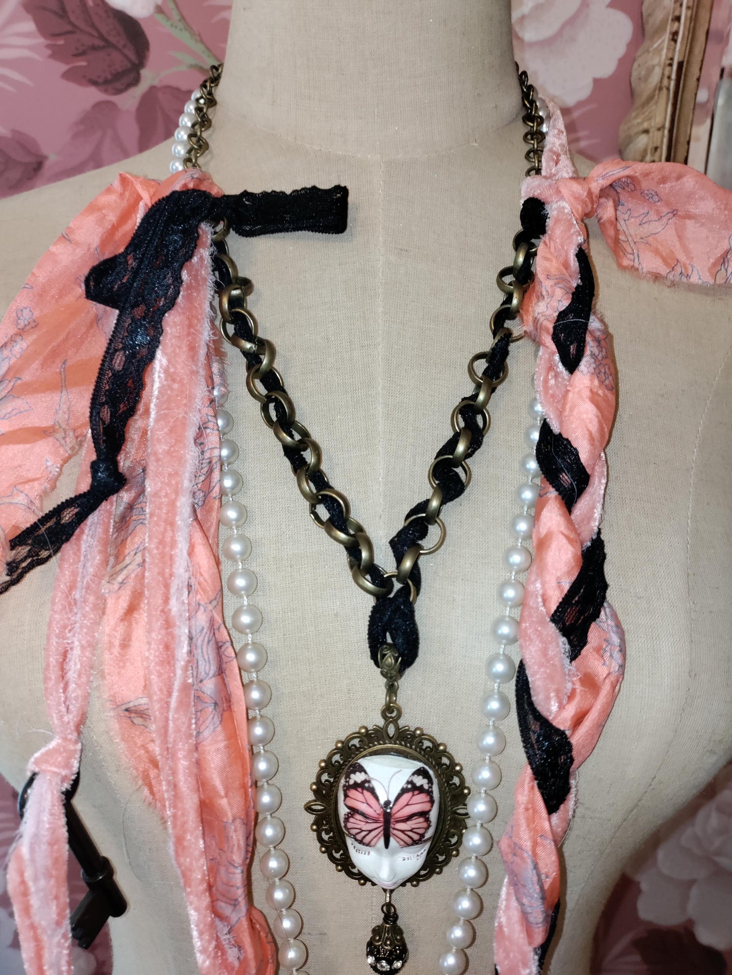 Handcrafted Fairy Face Pixie Dust Necklace: Painted Clay Pendant, Sari Silk and Vintage Butterfly