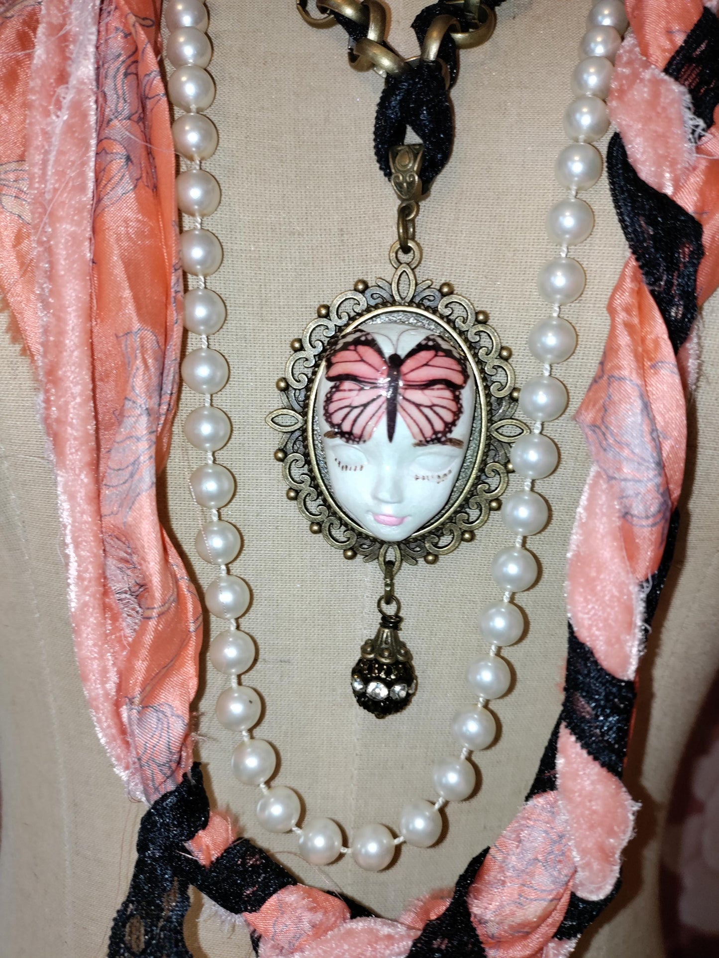 Handcrafted Fairy Face Pixie Dust Necklace: Painted Clay Pendant, Sari Silk and Vintage Butterfly