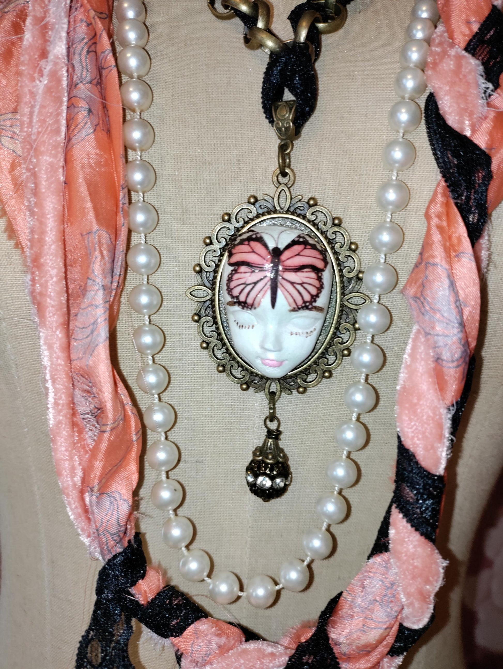 Handcrafted Fairy Face Pixie Dust Necklace: Painted Clay Pendant, Sari Silk and Vintage Butterfly